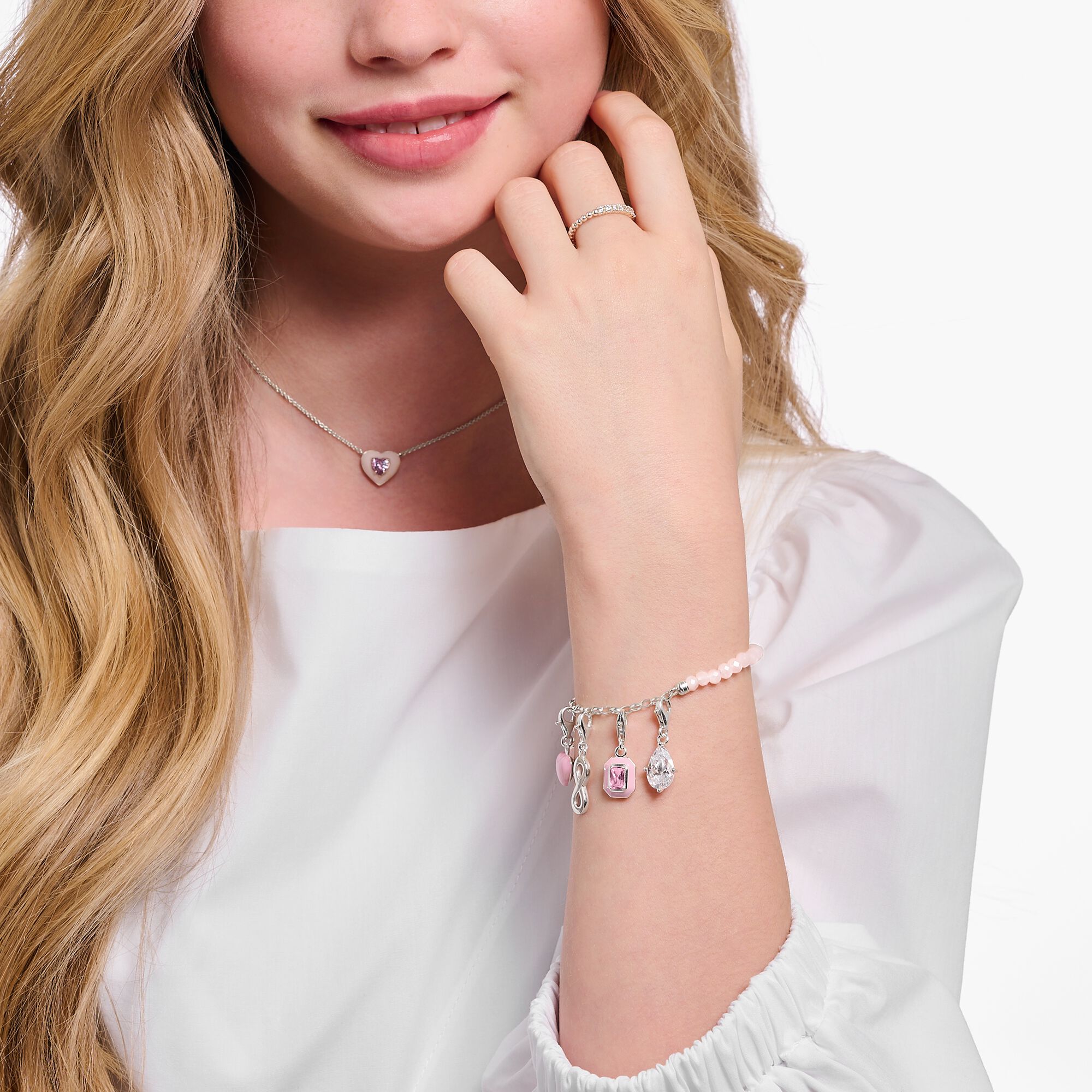 Thomas Sabo Charm-Armband mit Rosenquarz-Beads und Kettengliedern Silber A2130-067-9-L17v