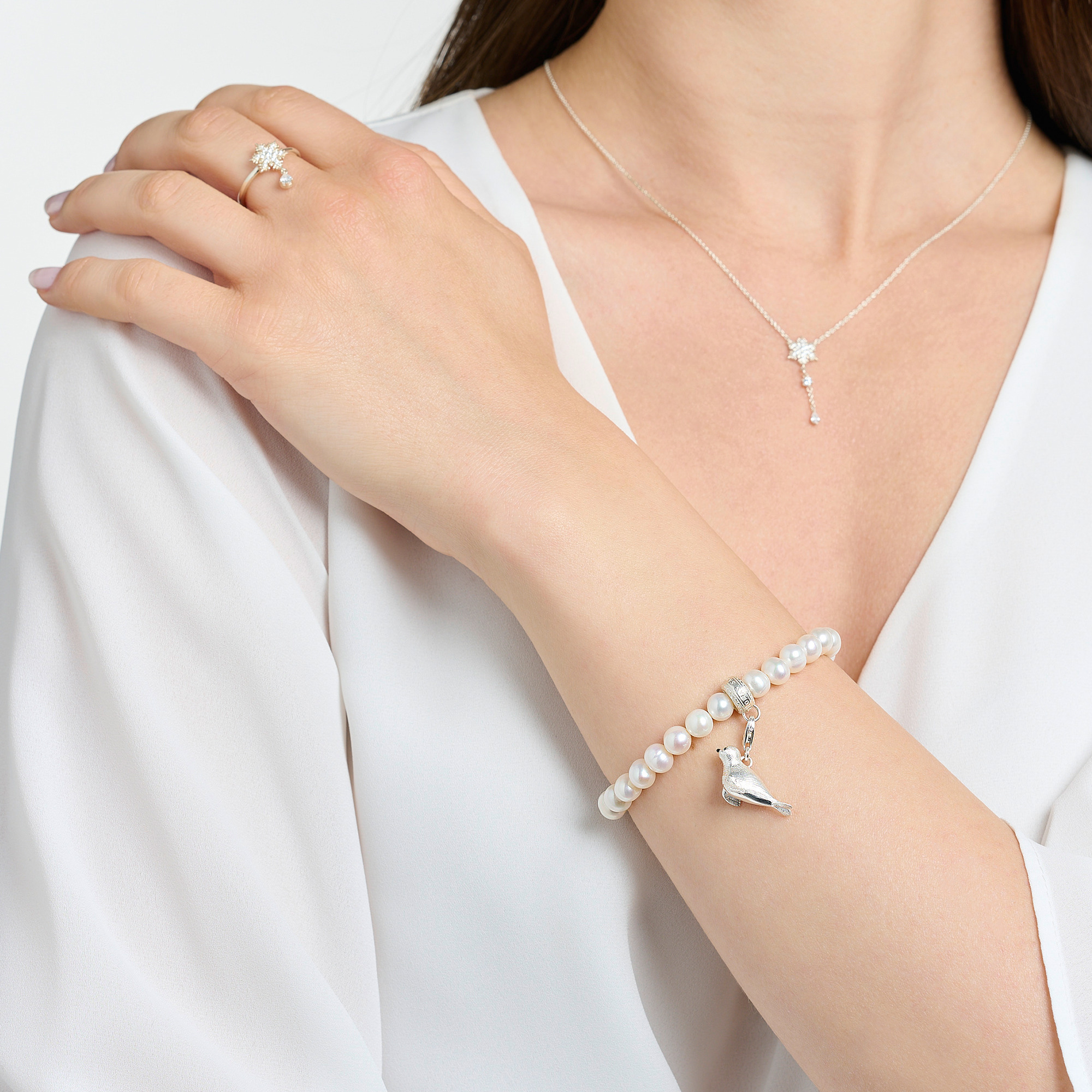 Thomas Sabo X0284-082-14-L17,5 Charm-Armband "Weiße Perlen"
