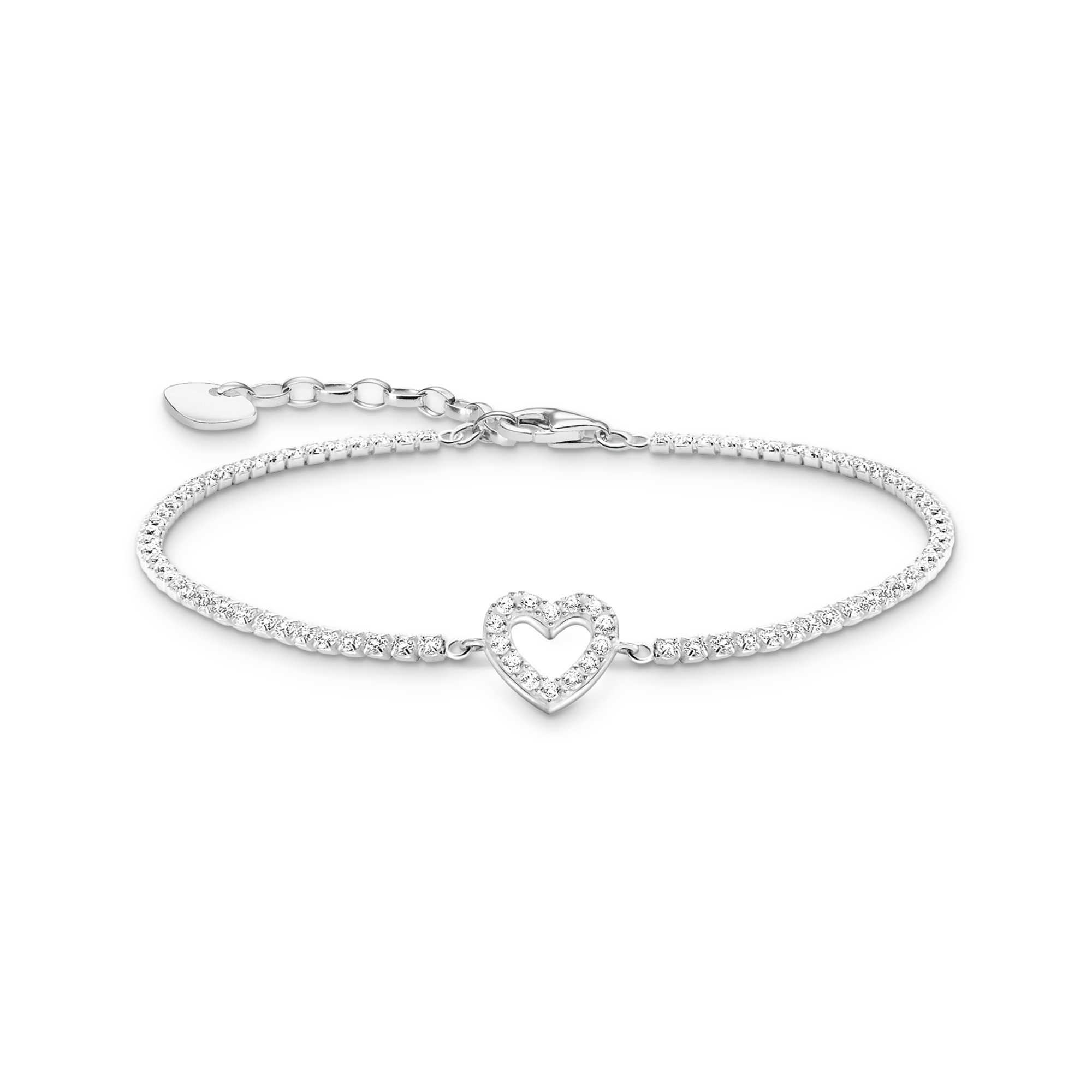 Thomas Sabo Tennisarmband aus 925 Sterling Silber mit weißen Zirkonia und Herzmotiv, längenverstellbar 16-19 cm, Modell A2177-051-14-L19v