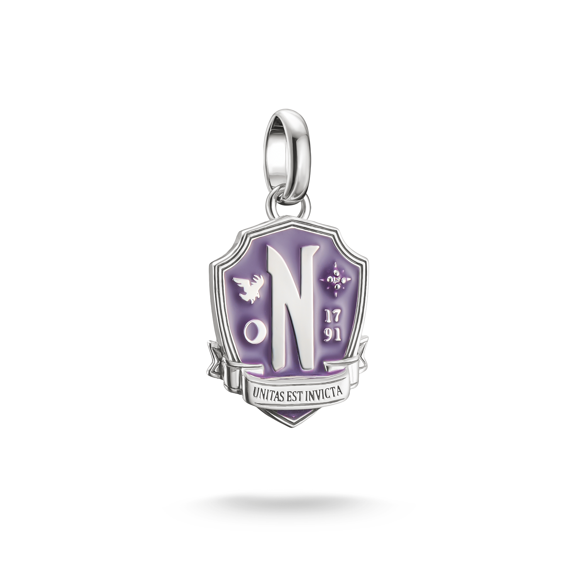 Thomas Sabo Wednesday Nevermore Academy Charm aus geschwärztem Silber mit violetter Emaille und weißem Zirkonia Connect Öse CC1316-691-13
