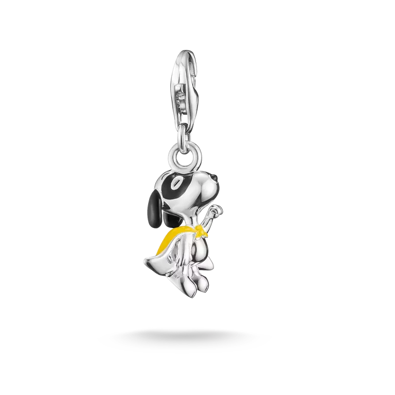 THOMAS SABO PEANUTS Charm Snoopy als Superheld aus 925 Silber mit gelb-schwarzer Emaille, Karabiner, 27 mm, 2242-664-7, EAN 4051245636444