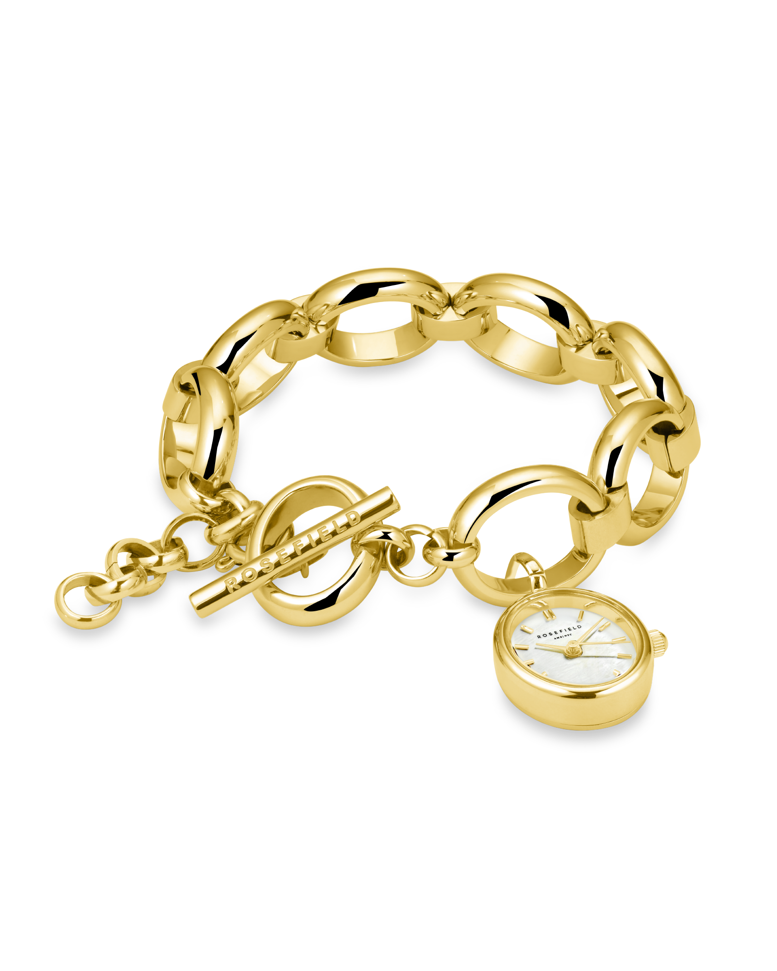 Elegante Rosefield Damenuhr als goldene Kettenuhr mit ovalem Gehäuse und weißem Perlmutt-Zifferblatt