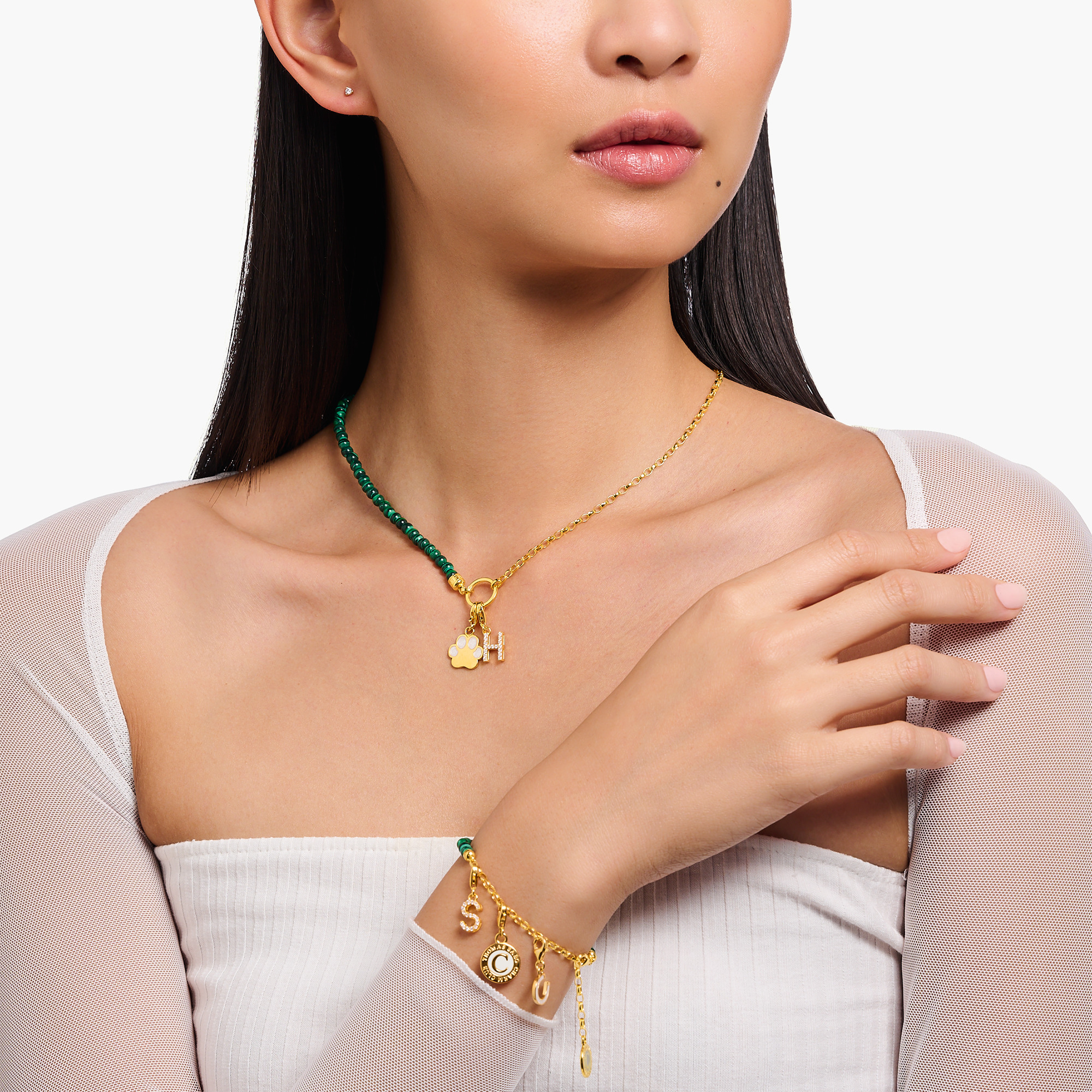 Thomas Sabo KE2190-140-6-L45v Member Charm-Kette mit Gliedern und imitiertem Malachit vergoldet