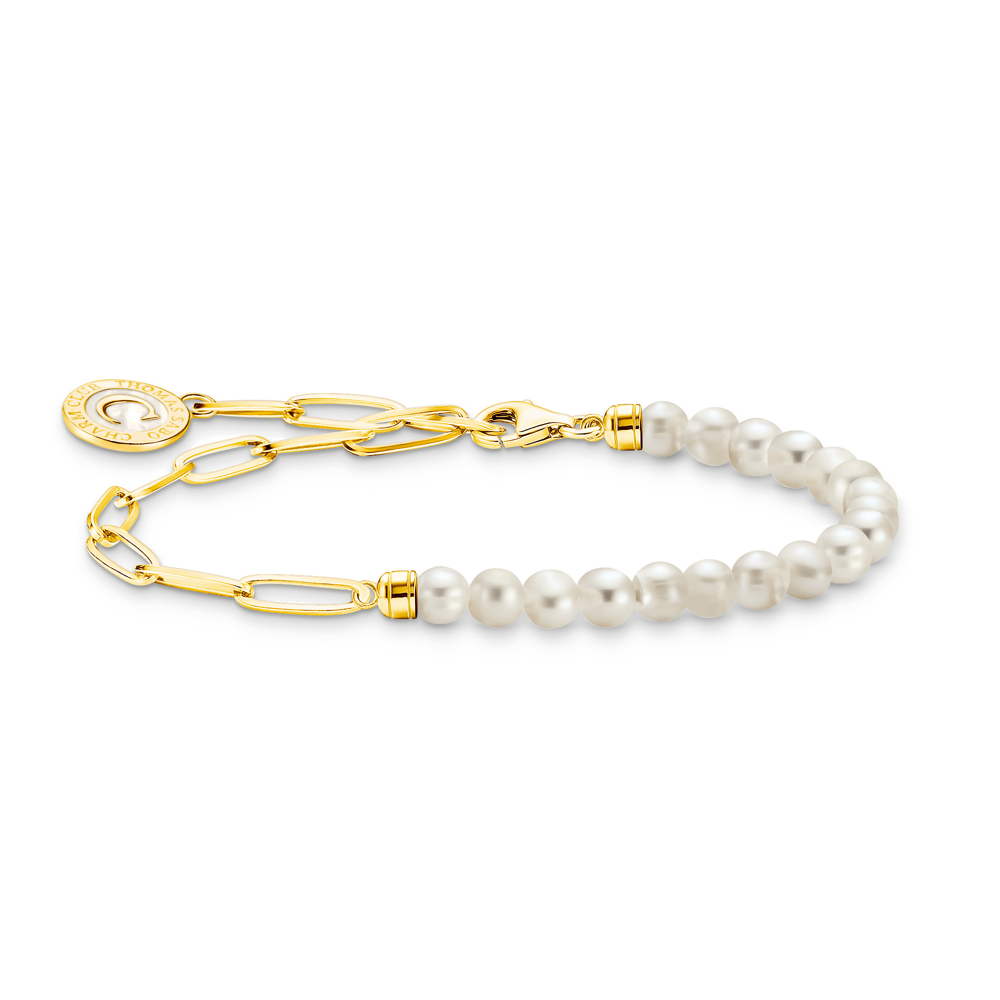 Thomas Sabo A2129-430-14-L17V Member Charm-Armband mit weißen Perlen und Charmista Coin vergoldet
