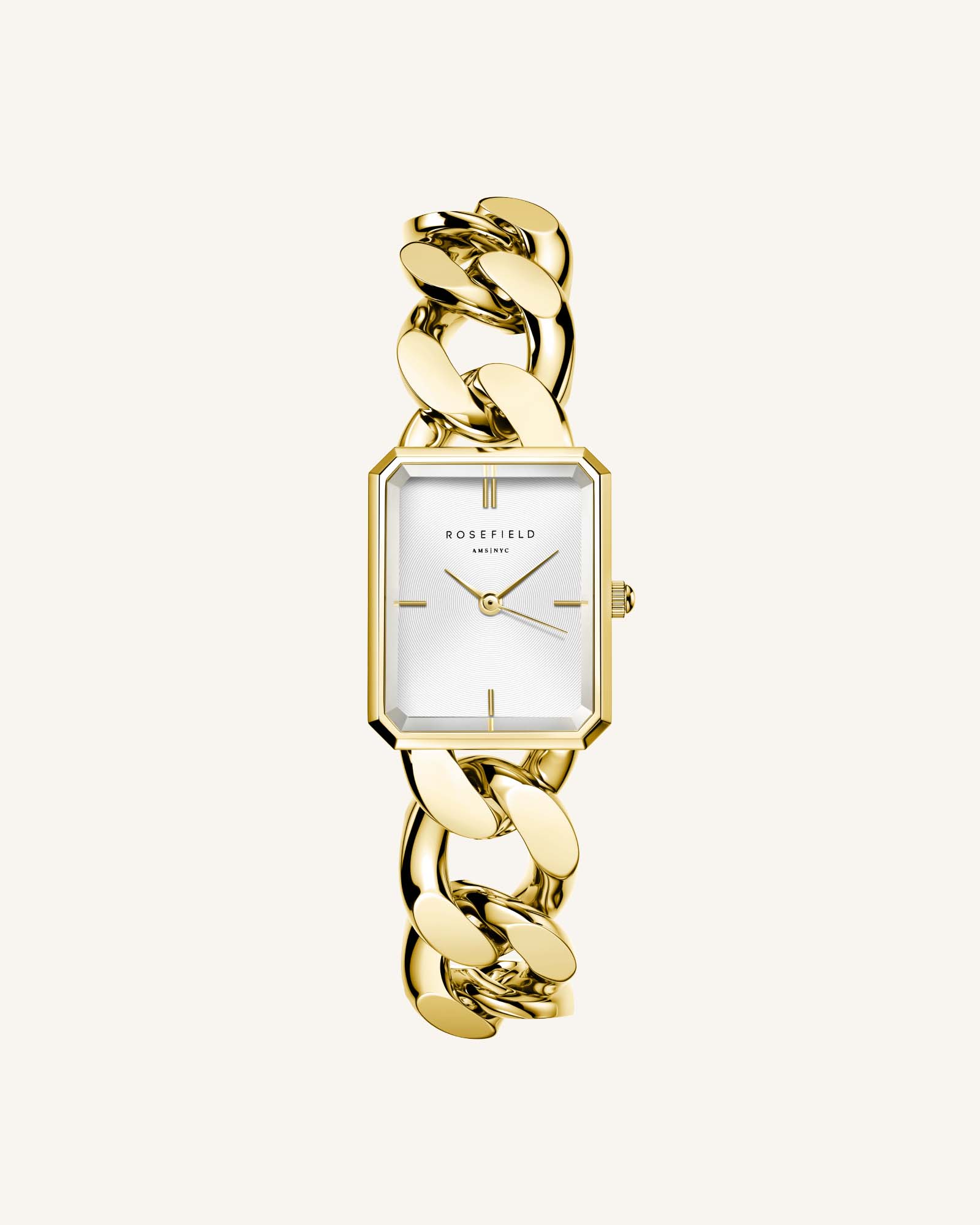 Rosefield STUDIO Octagon XS Damenuhr SWGSG-055 eckig goldfarben mit weißem Zifferblatt 20 mm Edelstahlgehäuse Mineralglas vergoldetes Panzer-Kettenarmband 14 mm EAN 8720246516395