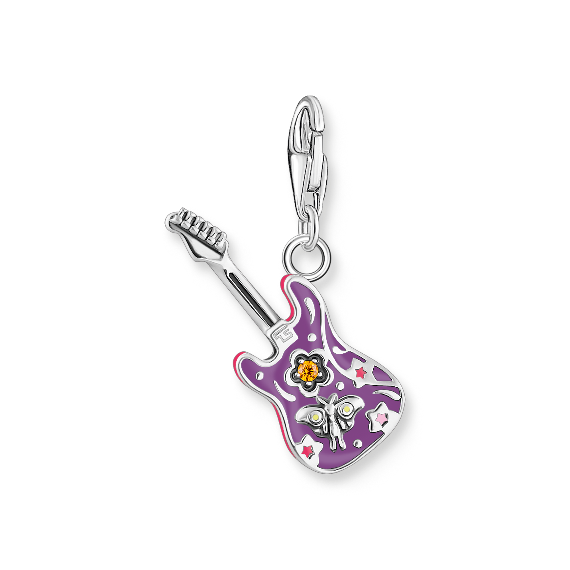 Thomas Sabo Charm E-Gitarre aus recyceltem Silber mit bunter Emaille, Zirkonia und floralen Details