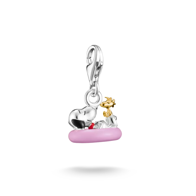 THOMAS SABO PEANUTS Charm Snoopy mit Woodstock im Schwimmring, 925 Silber geschwärzt/18k vergoldet, pink Emaille, 21 mm, 2244-427-7, EAN 4051245636468