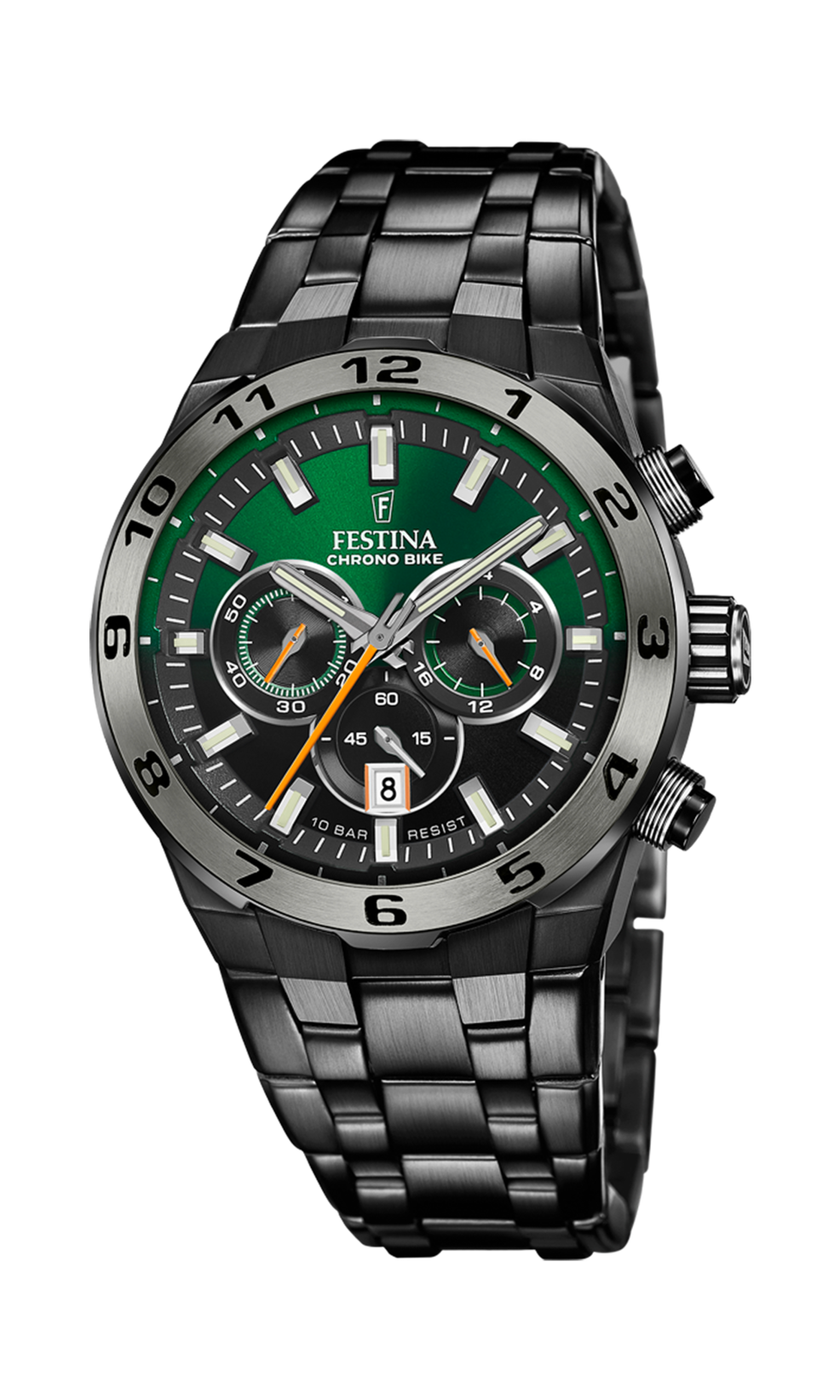 Festina Chrono Bike Chronograph F20673/2 PVD schwarz Gun Black Edelstahlband Silikon Wechselband schwarz grün 44 mm 10 ATM