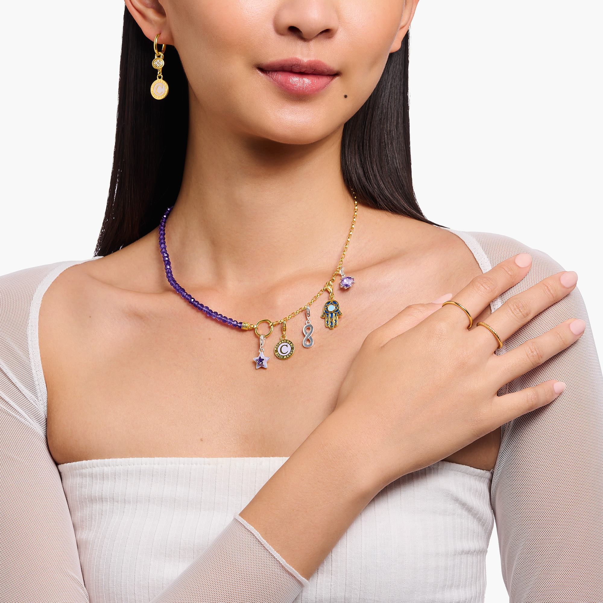 Thomas Sabo KE2190-427-13-L45v Member Charm-Kette mit Gliedern und imitiertem Amethyst vergoldet