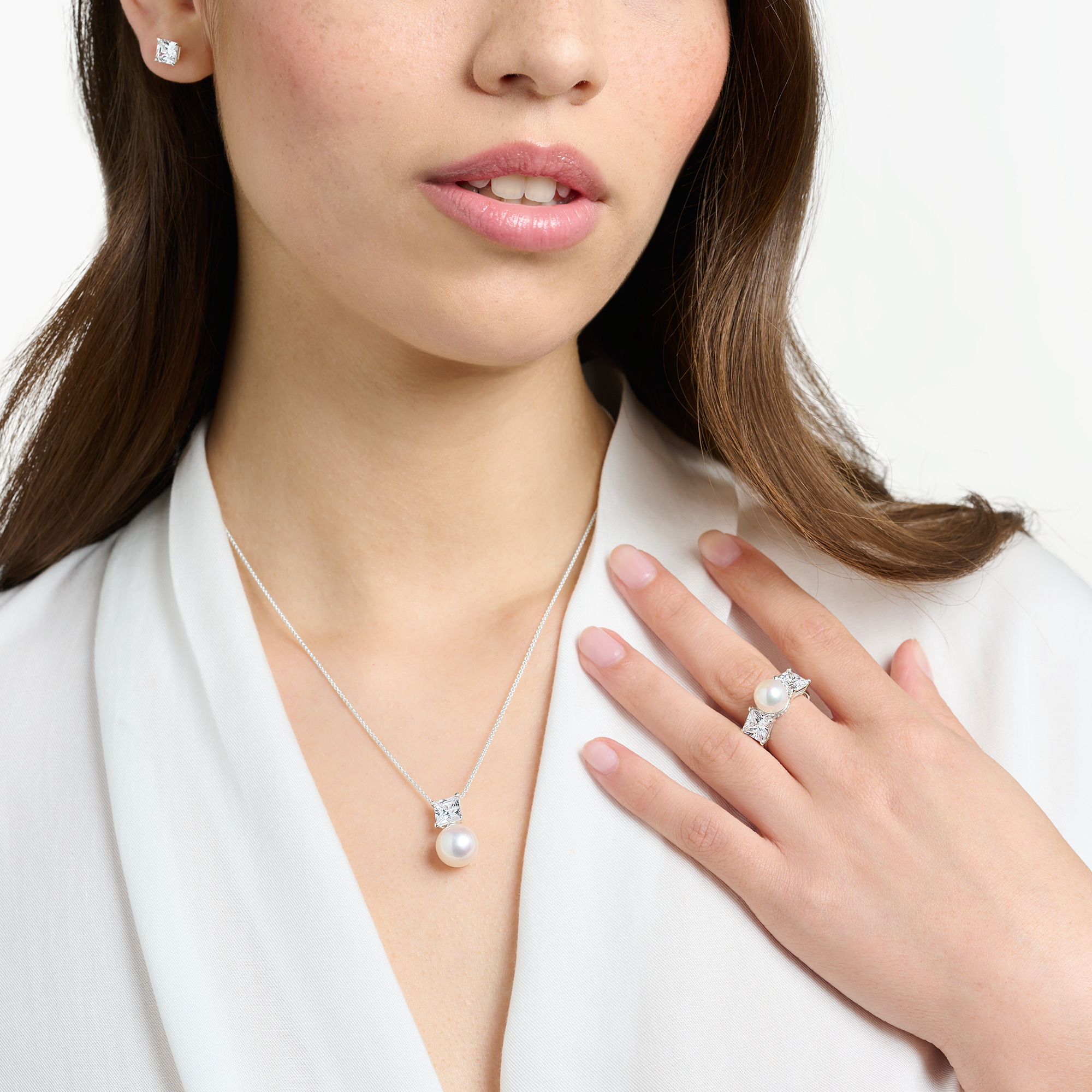 Thomas Sabo Kette Silber "Perle mit Weissem Stein" KE2163-167-14-L45v