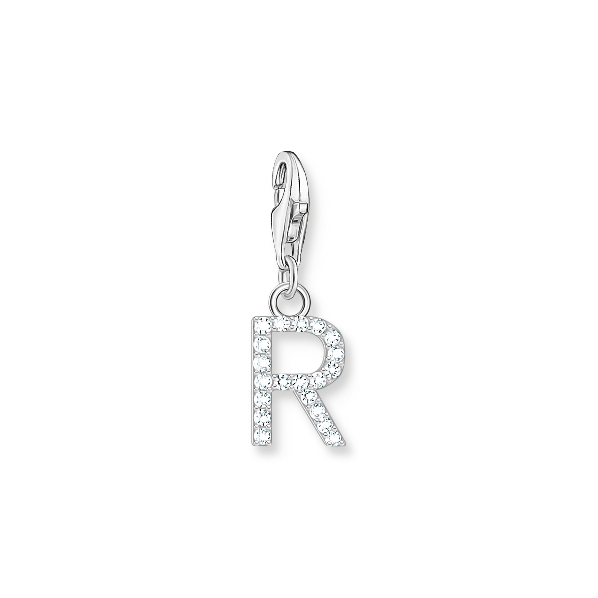 Thomas Sabo Charm-Anhänger Buchstabe R aus poliertem Silber mit weißen Zirkonia im Pavé-Design und Karabiner für Kette oder Armband