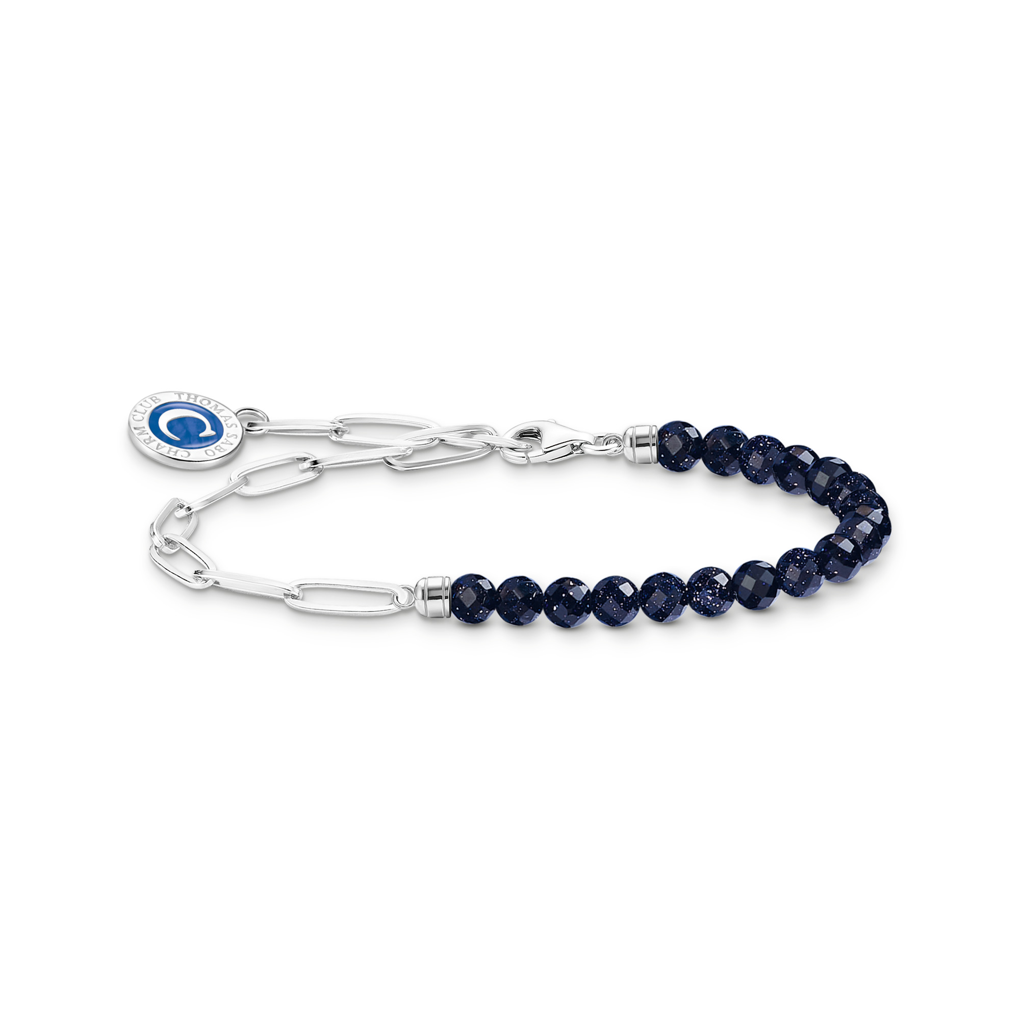 THOMAS SABO Member Charm-Armband aus 925 Silber mit dunkelblauen Beads aus imitiertem Sandstein und Charmista Coin, verstellbar