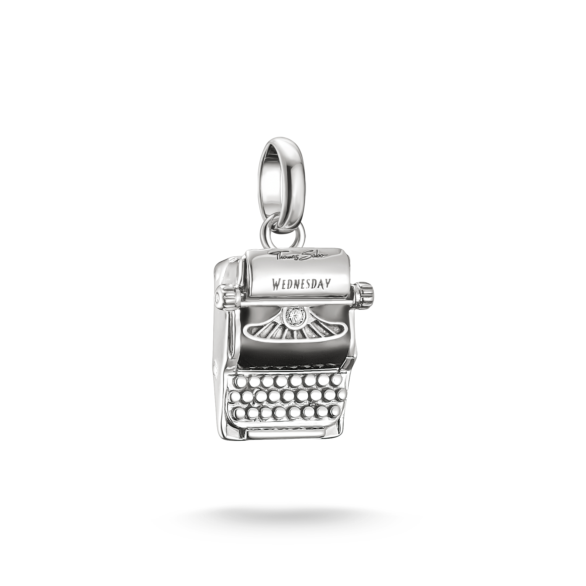 Thomas Sabo Wednesday Charm Schreibmaschine aus geschwärztem Silber mit schwarzer Emaille und weißem Zirkonia Connect Öse CC1315-691-11
