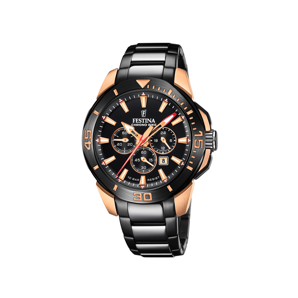 Festina Herrenuhr Chronobike Special Edition F20645/1 mit schwarzem Edelstahlarmband und roségoldfarbenem Gehäuse