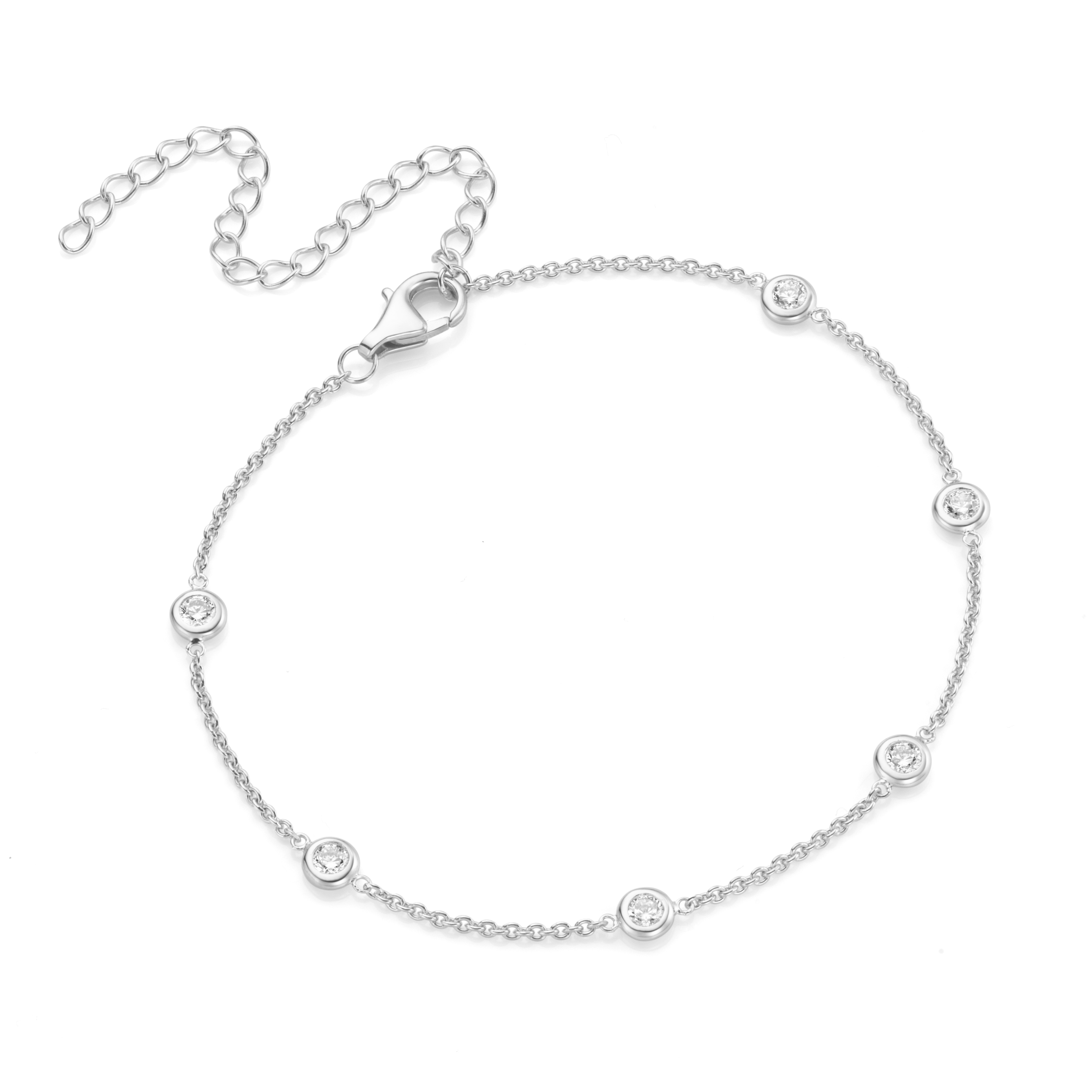Elegantes Fußkettchen aus rhodiniertem 925er Sterlingsilber mit Zirkonia-Zwischenteilen in Zargenfassung, verstellbar auf 21+7 cm
