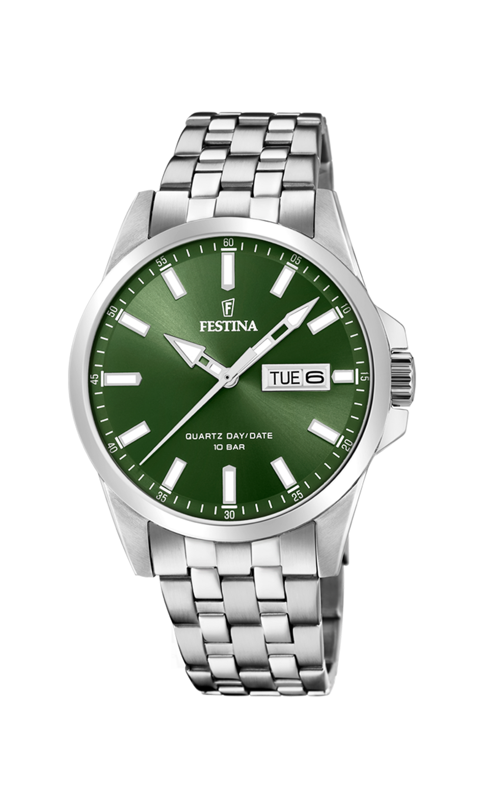 Festina Herrenuhr F20357/5 aus Edelstahl mit grünem Zifferblatt, Tag- und Datumsanzeige, Leuchtzeigern und Edelstahlarmband