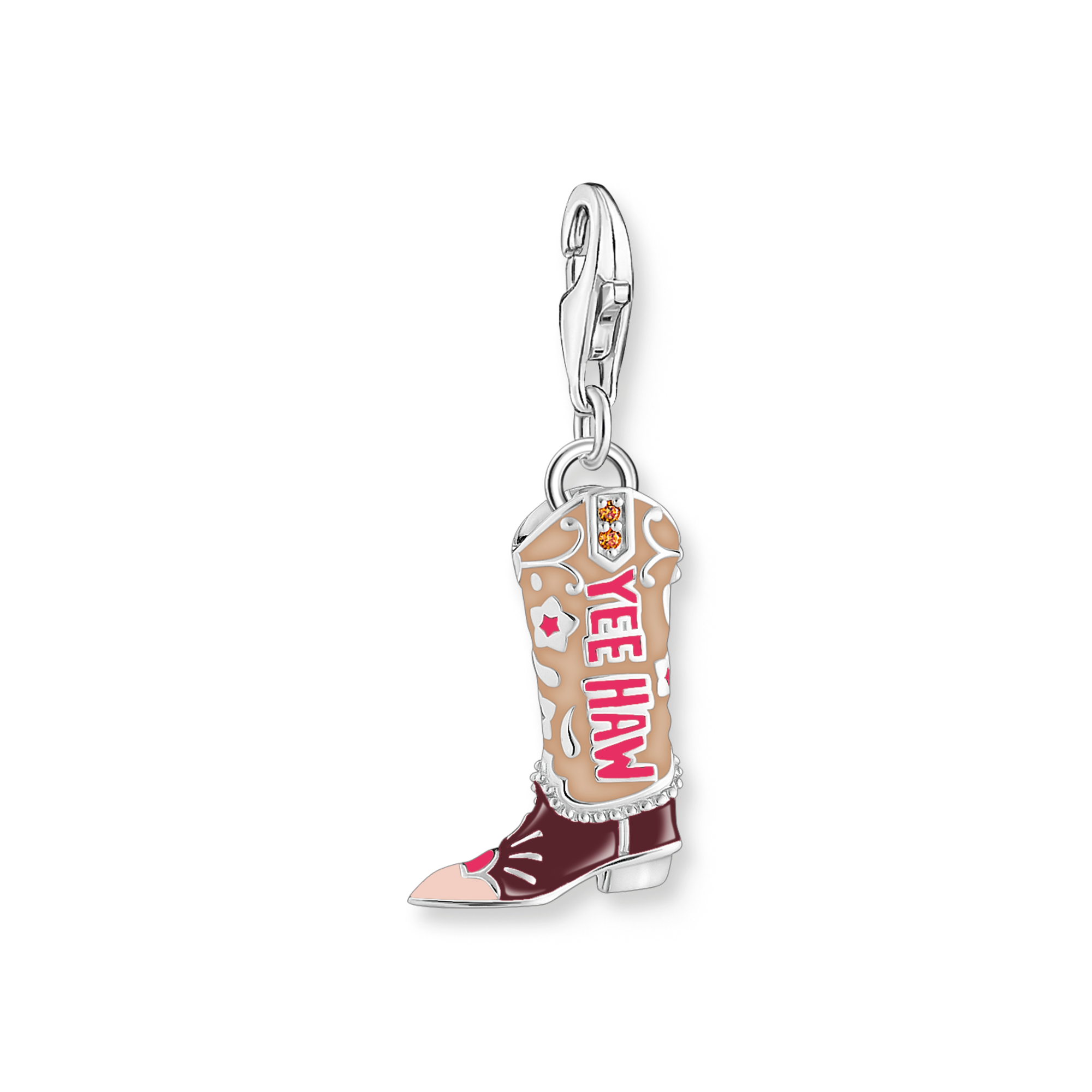 Thomas Sabo Charm Cowboy-Stiefel aus 925er Silber mit brauner Emaille, violett-grünen Details und Zirkonia in Orange – Modell 2219-691-7