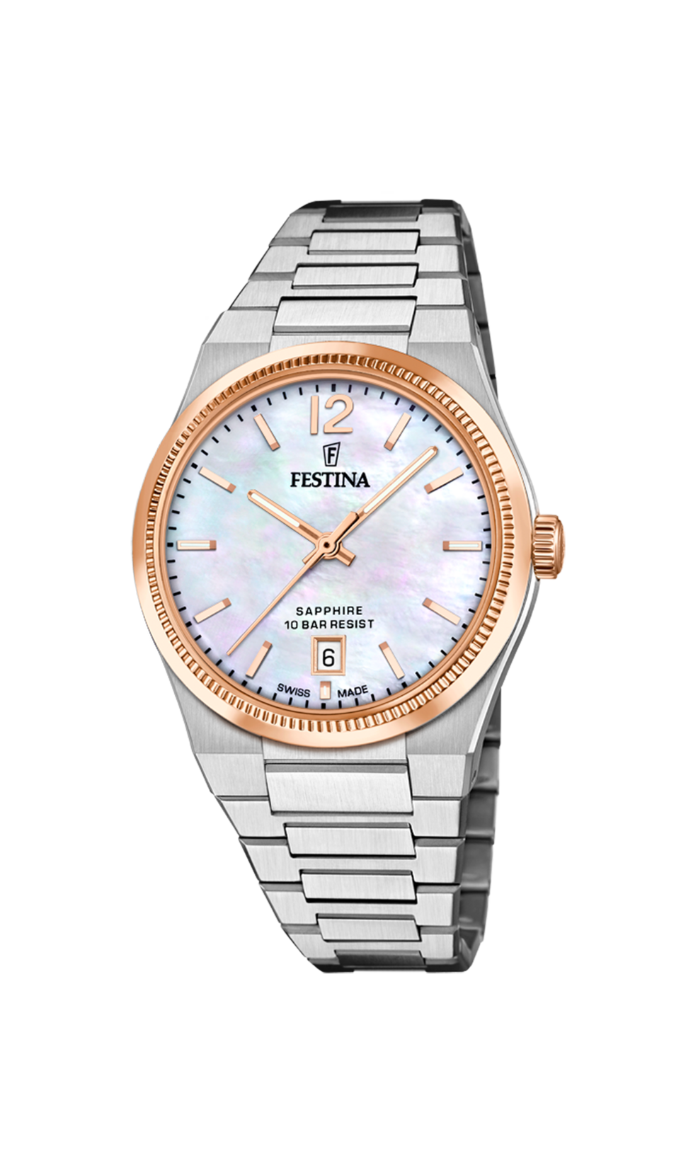 Festina Swiss Made Rivé Damenuhr F20066/1 aus Edelstahl mit Saphirglas und hellem Zifferblatt
