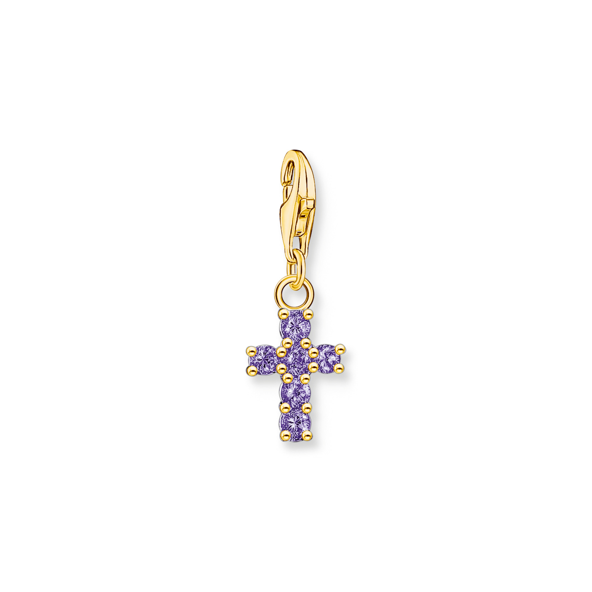Thomas Sabo Charm Kreuz vergoldet mit amethystfarbenen Zirkonia aus 925 Sterling Silber, Modell 2036-414-13 mit Karabiner