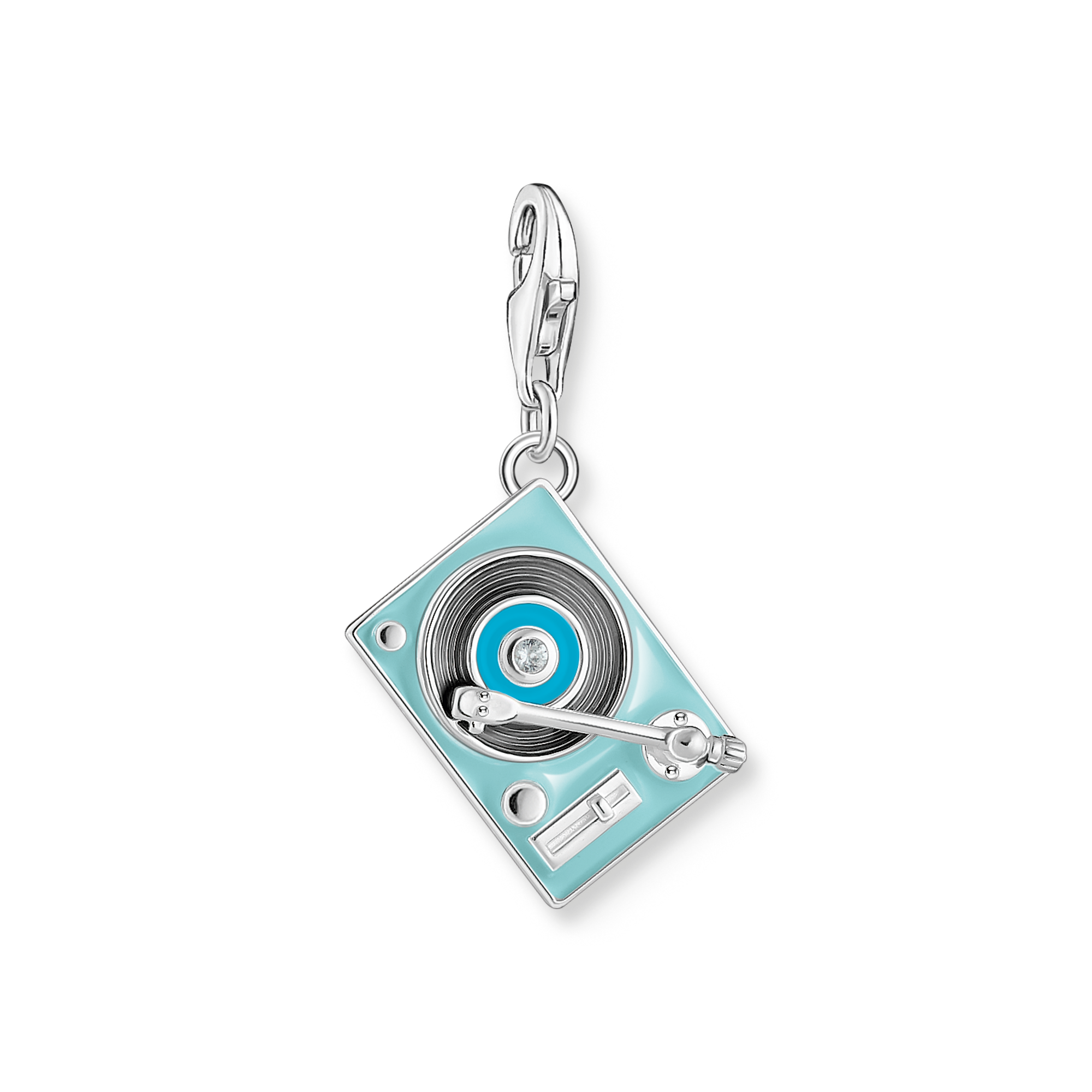 Thomas Sabo Charm Plattenspieler aus recyceltem Silber mit schwarzer und blauer Emaille sowie weißem Zirkonia