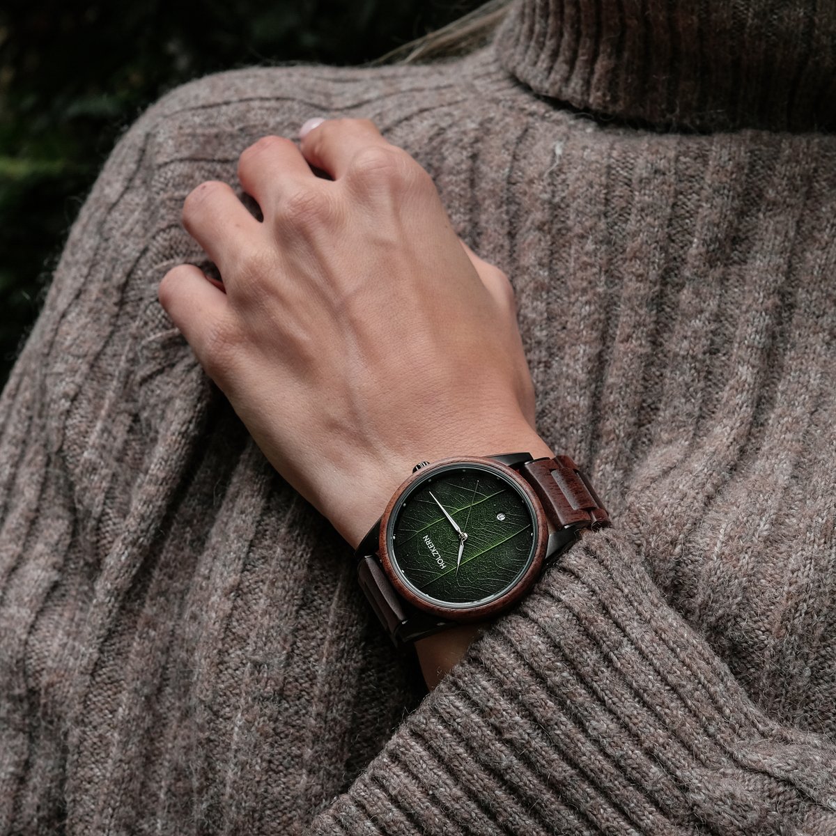 Holzkern Herrenuhr Edisto Walnuss/Blatt