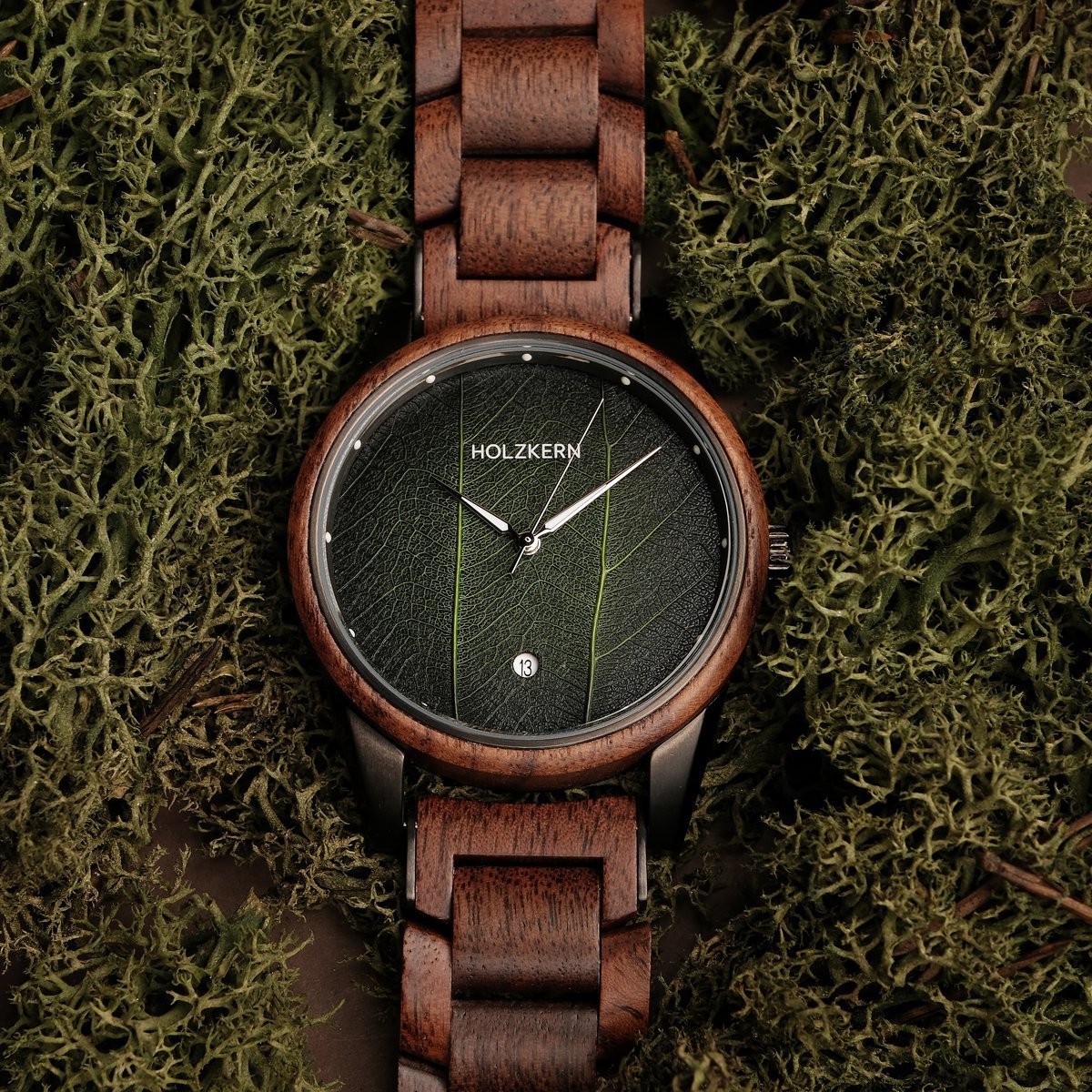 Holzkern Herrenuhr Edisto Walnuss/Blatt