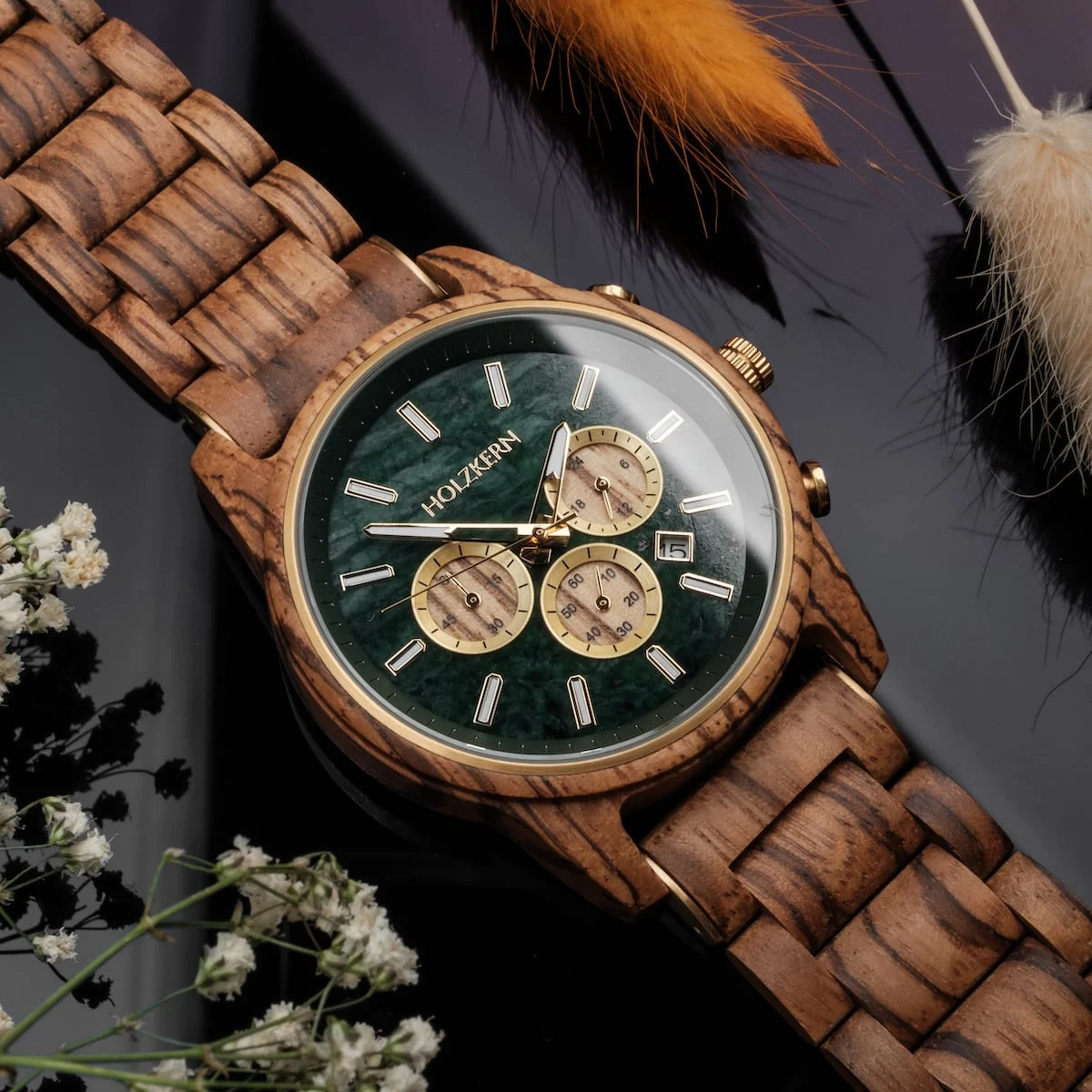 Holzkern Herrenuhr Chronograph Blätterdach Zebrano/Marmor