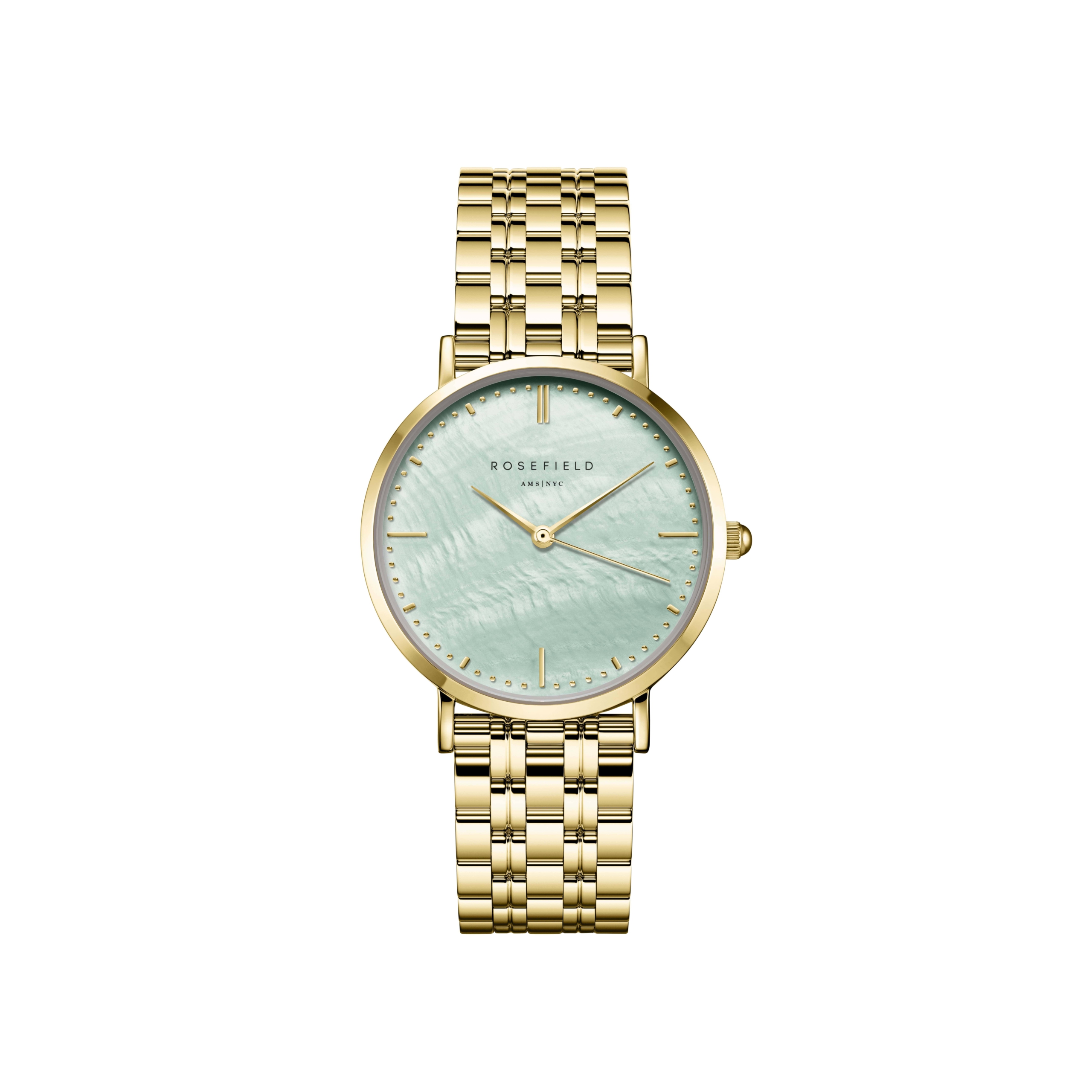 Rosefield Damenuhr The Upper East Side mit grünem Zifferblatt und vergoldetem Metallarmband