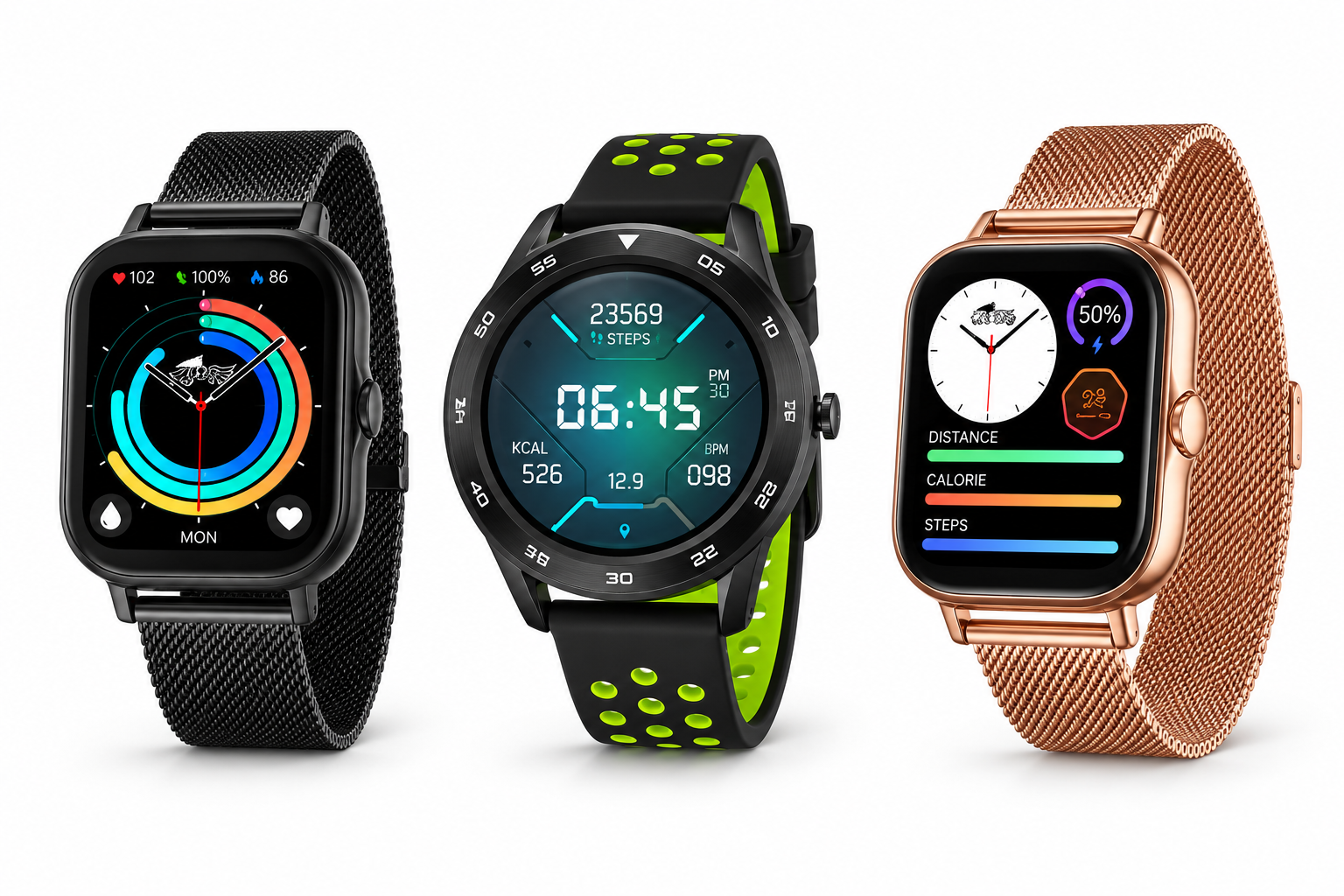 Drei Lotus Smartwatches: rechteckig mit schwarzem Mesharmband, rund mit schwarz-grünem Silikonarmband und rechteckig mit roségoldfarbenem Mesharmband