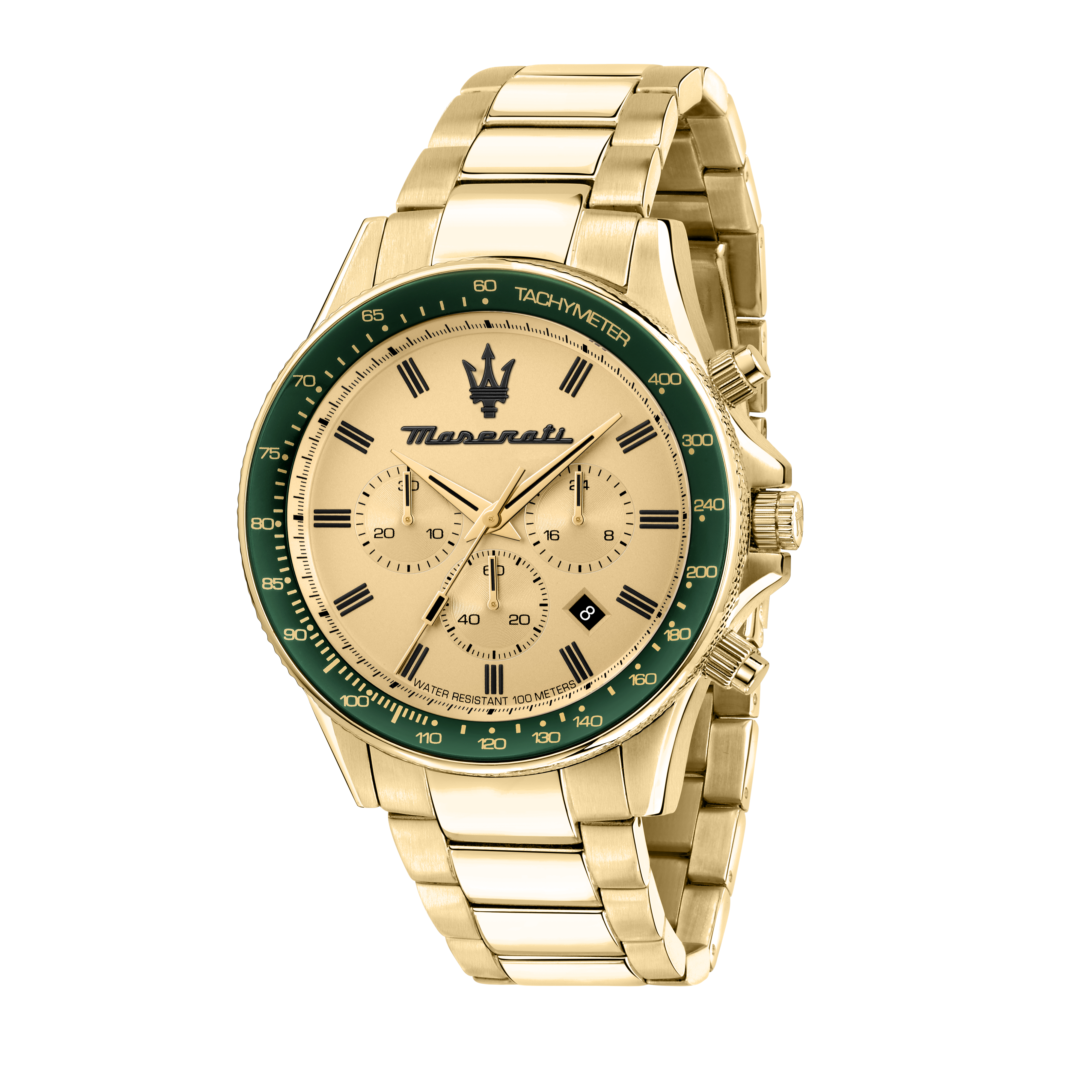 Maserati Sfida Chronograph R8873640005 in Gold mit grüner Tachymeter-Lünette und Edelstahlarmband