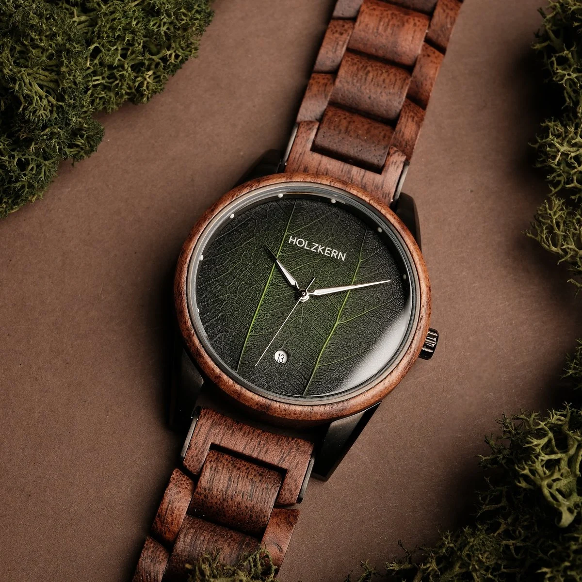 Holzkern Herrenuhr Edisto Walnuss/Blatt
