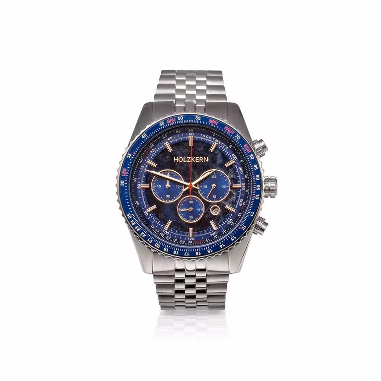 Holzkern Openhorizon Herrenuhr aus Edelstahl mit blauem Marmor-Zifferblatt und Chronograph