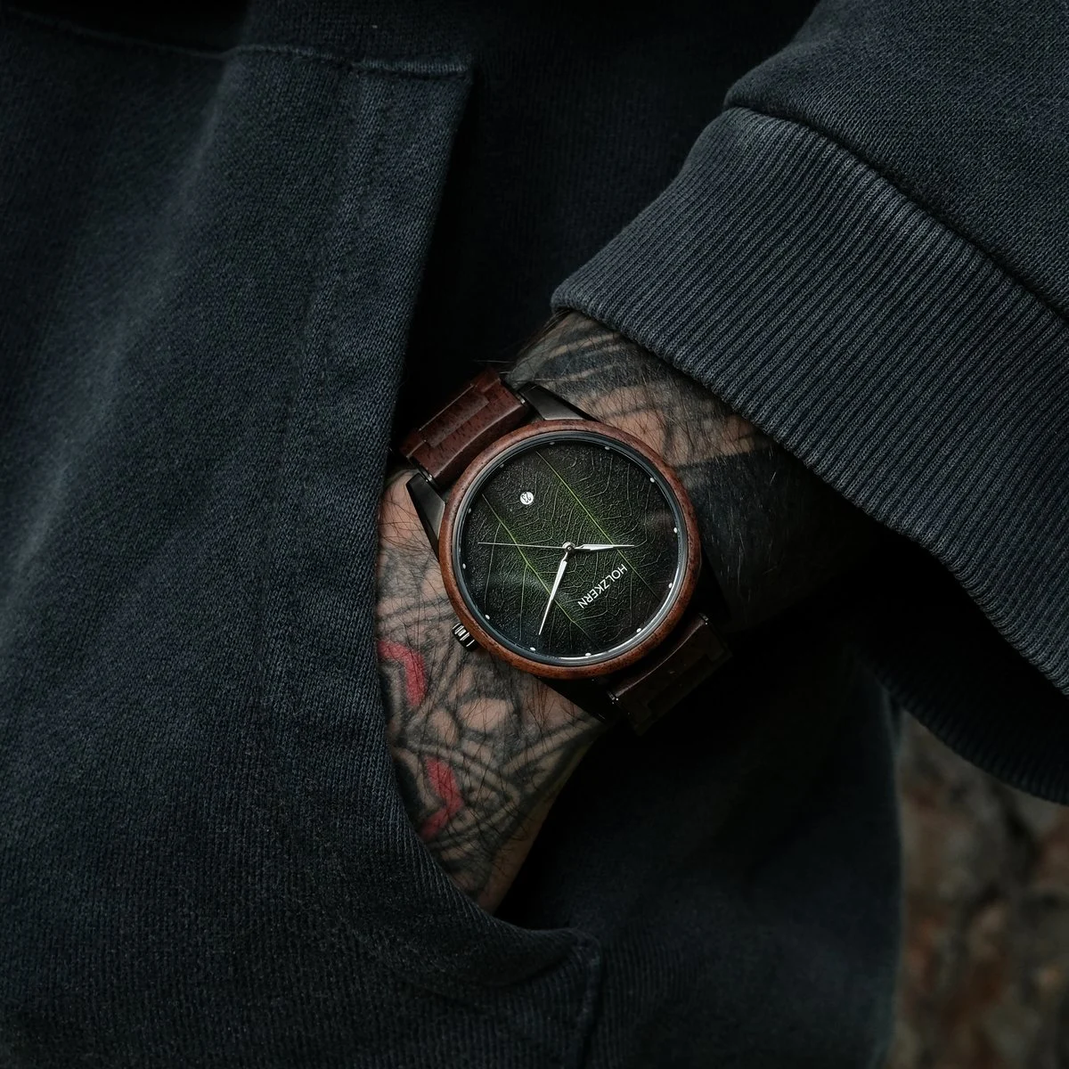 Holzkern Herrenuhr Edisto Walnuss/Blatt