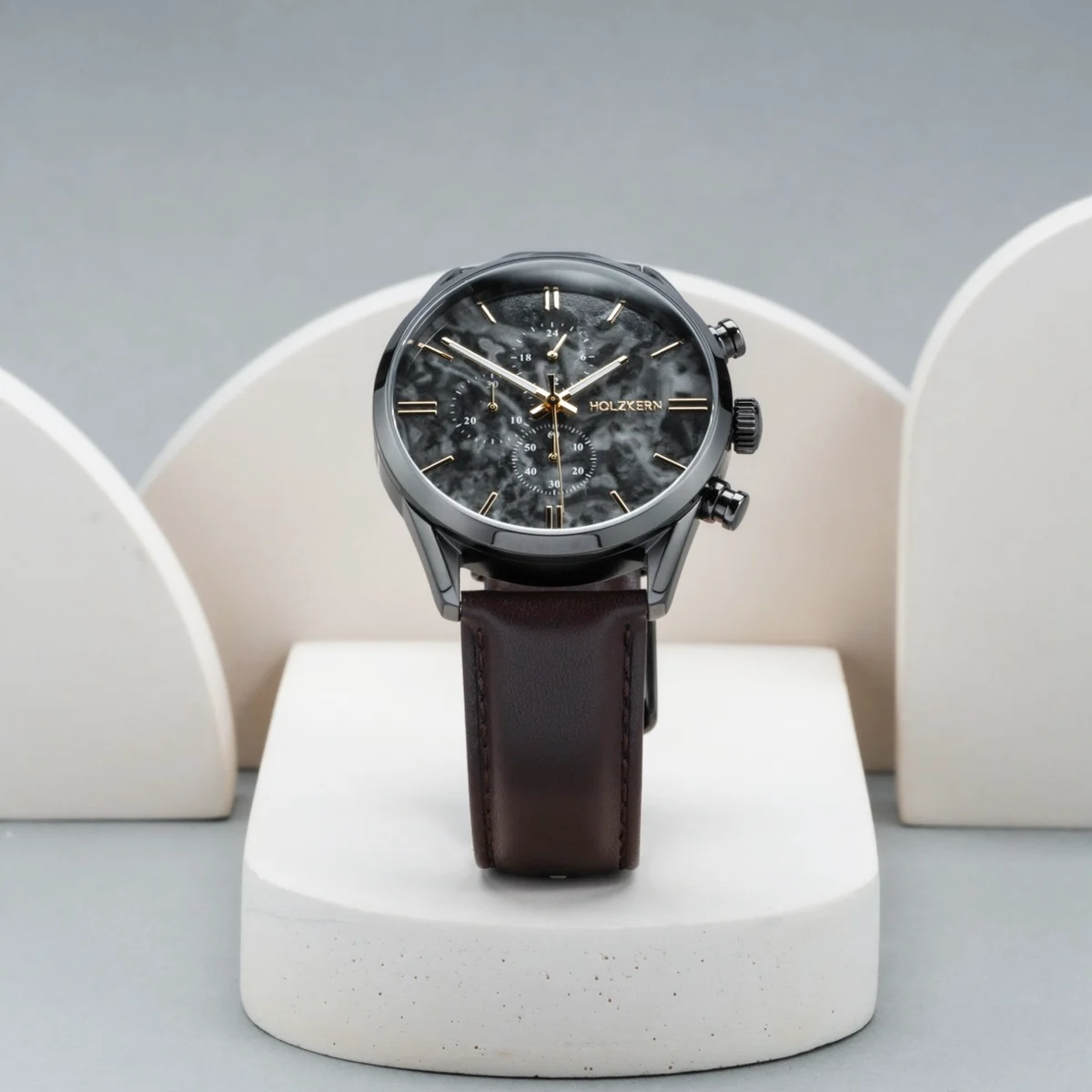 Holzkern Herrenuhr Gifted Grauer Marmor/Dunkelbraun