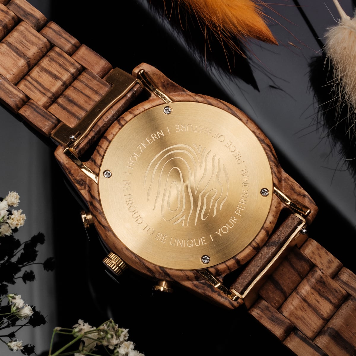 Holzkern Herrenuhr Chronograph Blätterdach Zebrano/Marmor