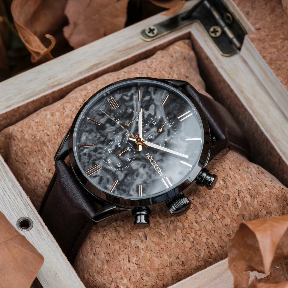 Holzkern Herrenuhr Gifted Grauer Marmor/Dunkelbraun