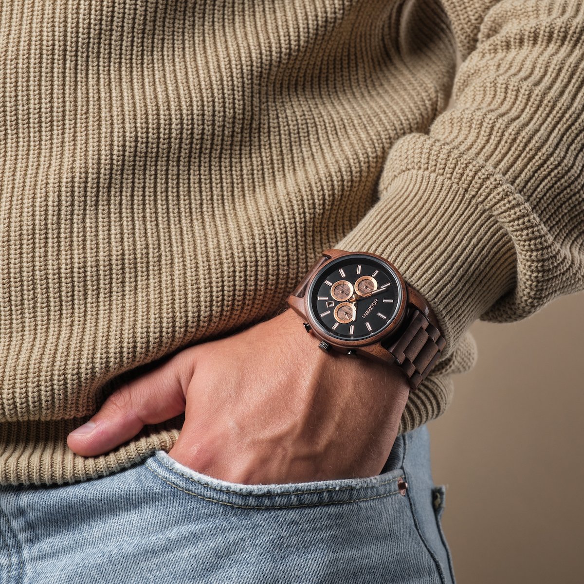 Holzkern Herrenuhr Buschwerk Walnuss/Marmor
