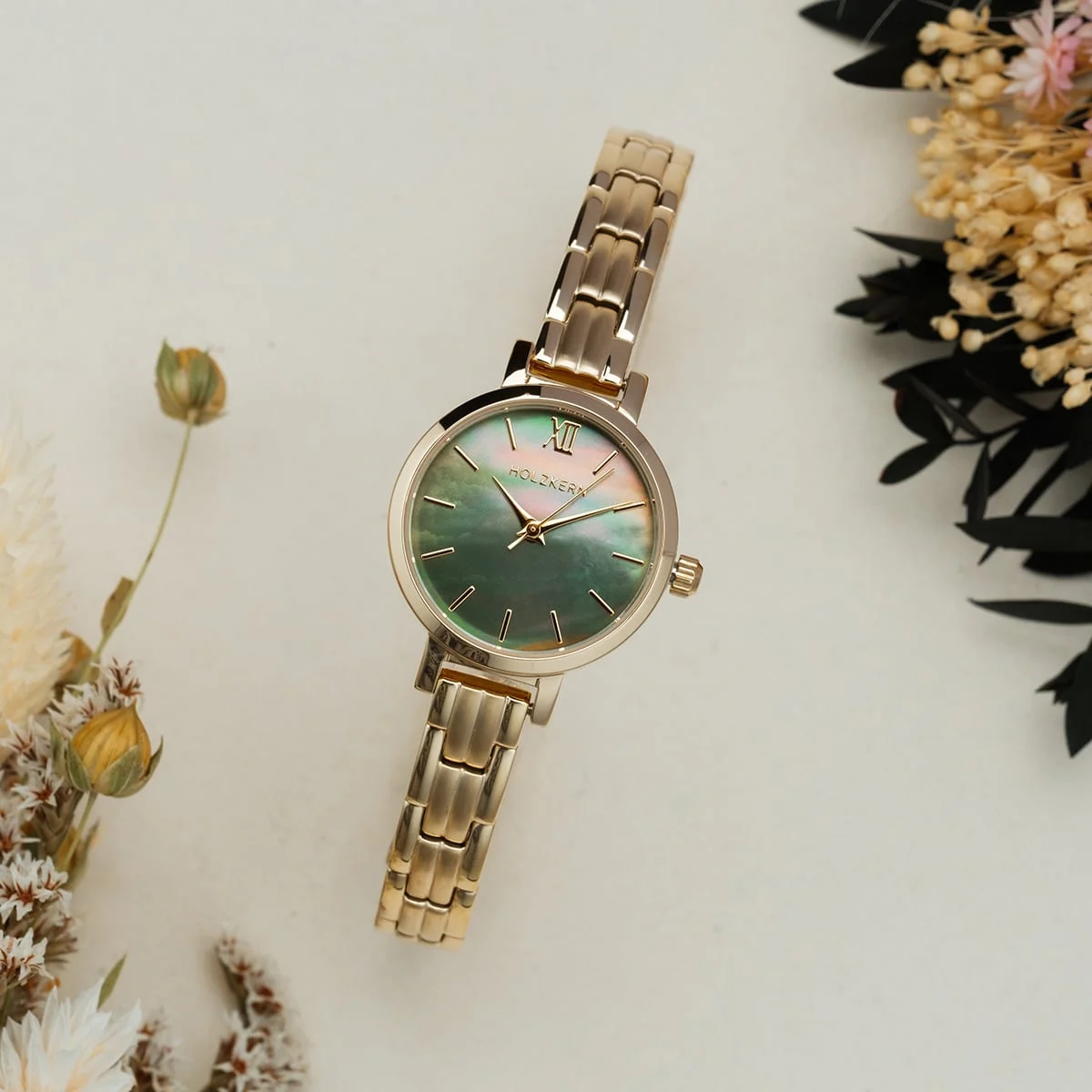 Holzkern Damenuhr Themis Perlmutt & Gold