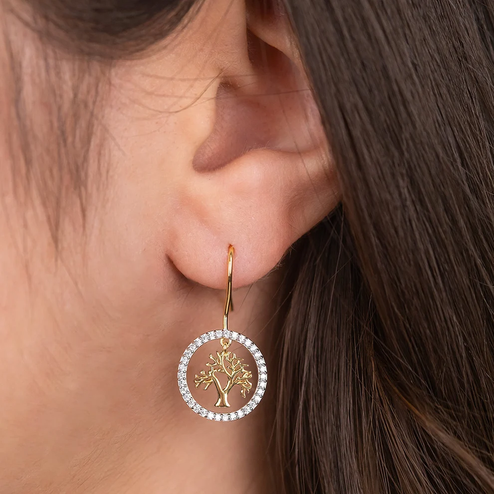 Engelsrufer Ohrhänger ERE-LILTREE-ZI-G-H aus 925 Silber Bicolor mit Lebensbaum und 68 weißen Zirkonia, Ø 13,9 mm, EAN 4260756383659
