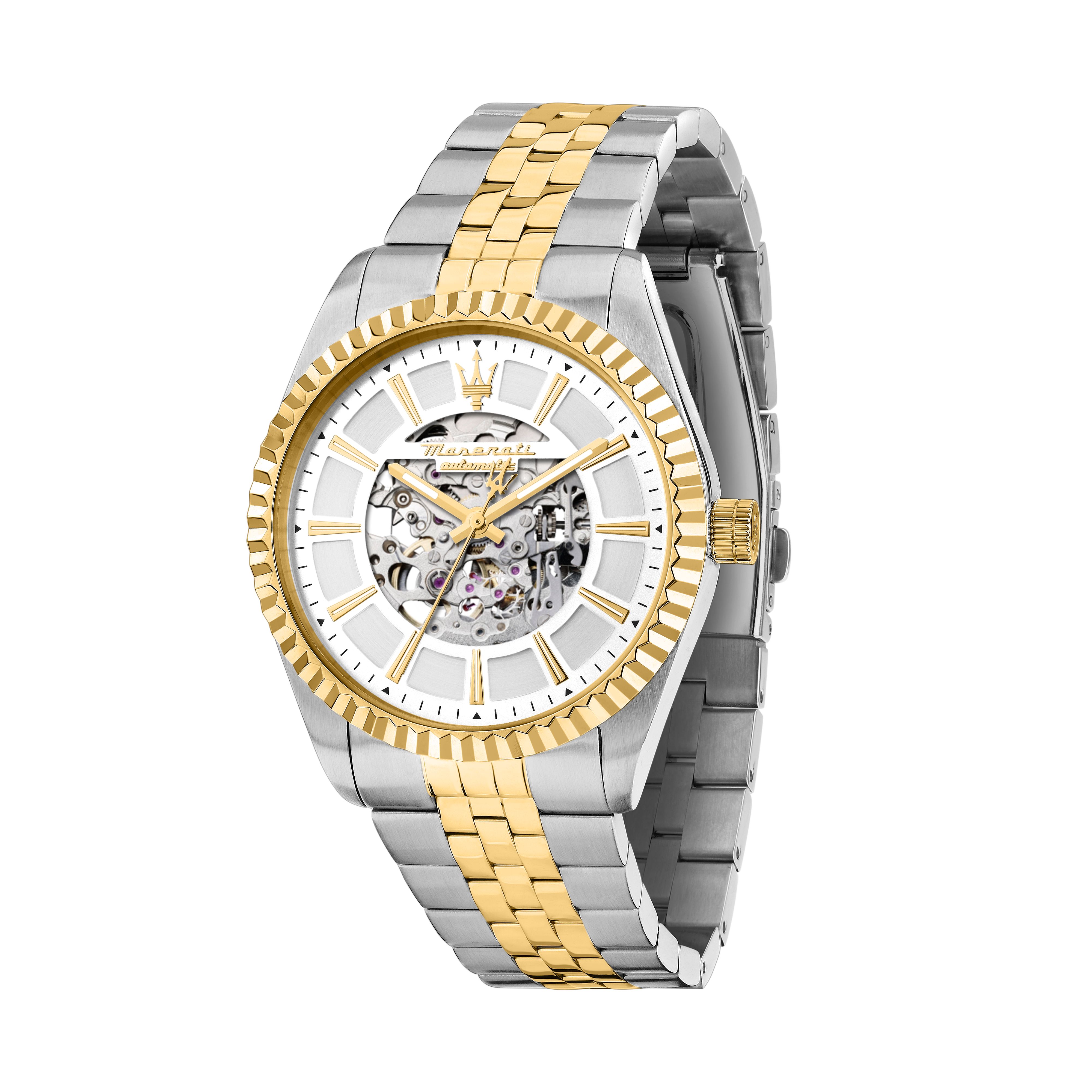 Maserati Competizione Automatik Herrenuhr R8823100006 in Gelbgold mit skelettiertem Zifferblatt und Edelstahlarmband