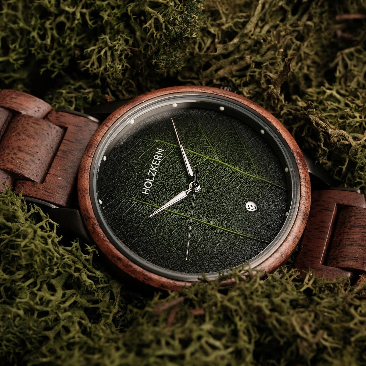 Holzkern Herrenuhr Edisto Walnuss/Blatt