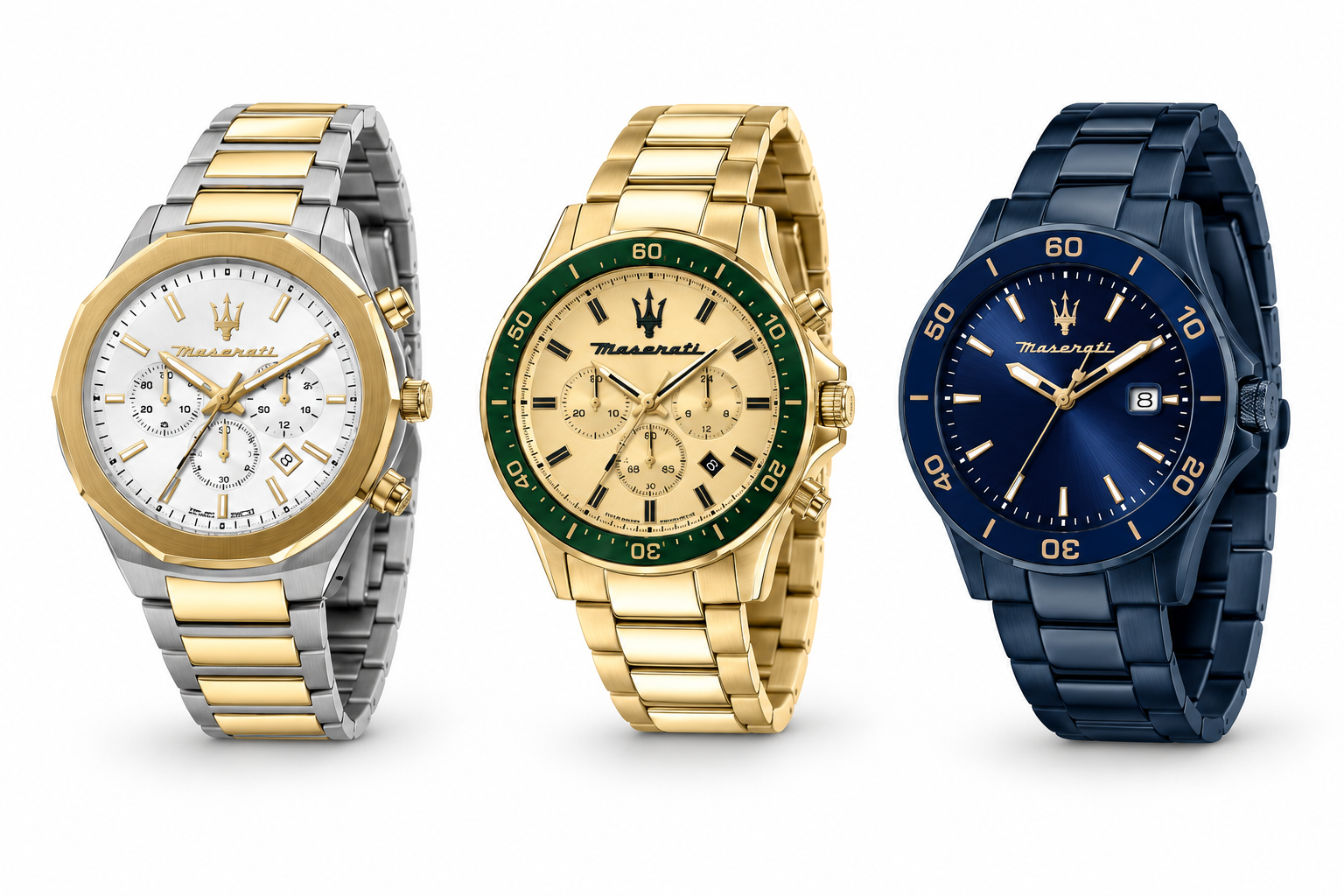 Drei Maserati Herrenuhren mit Metallarmbändern in Bicolor, Gold-Grün und Blau auf weißem Hintergrund
