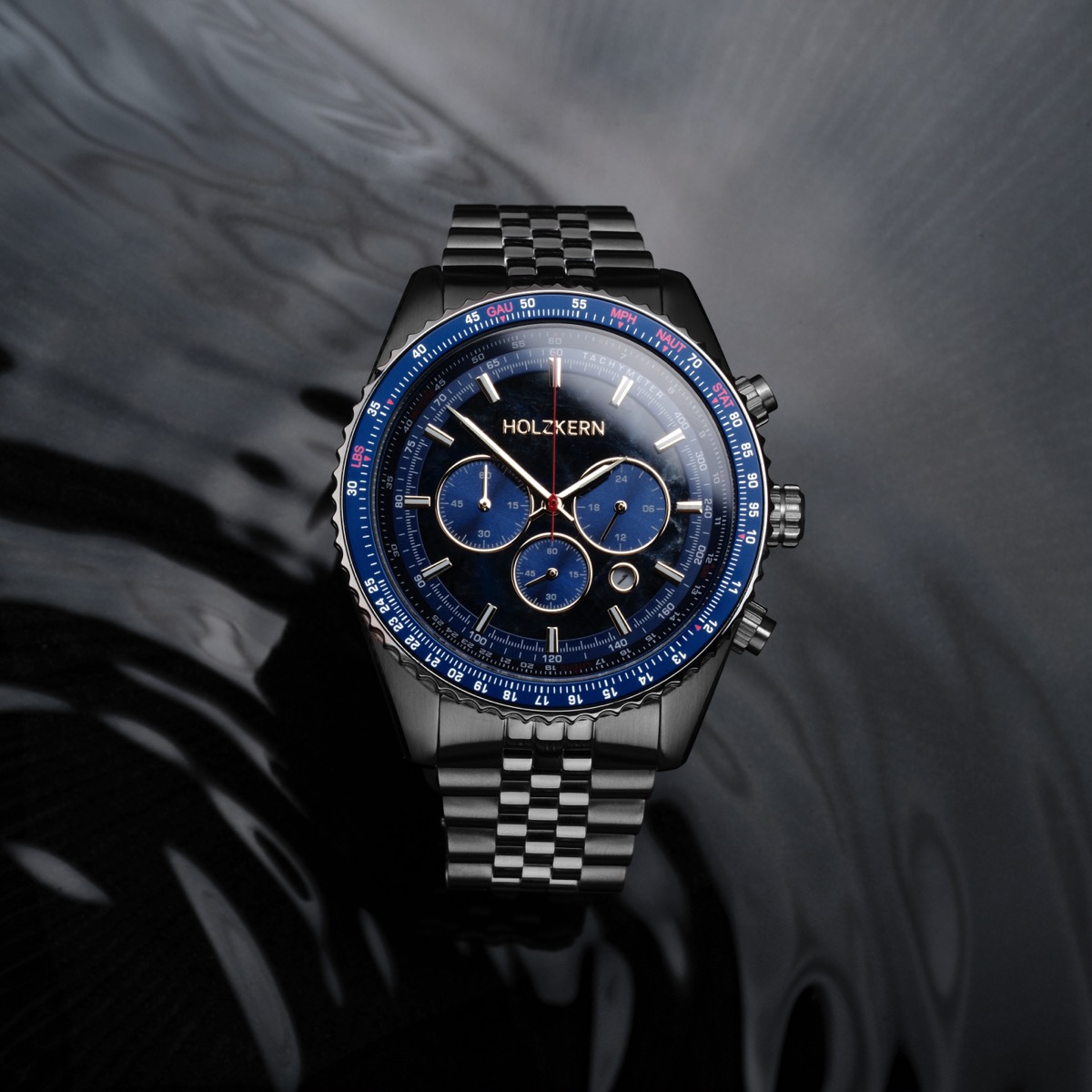 Holzkern Herrenuhr Openhorizon Blauer Marmor & Silber