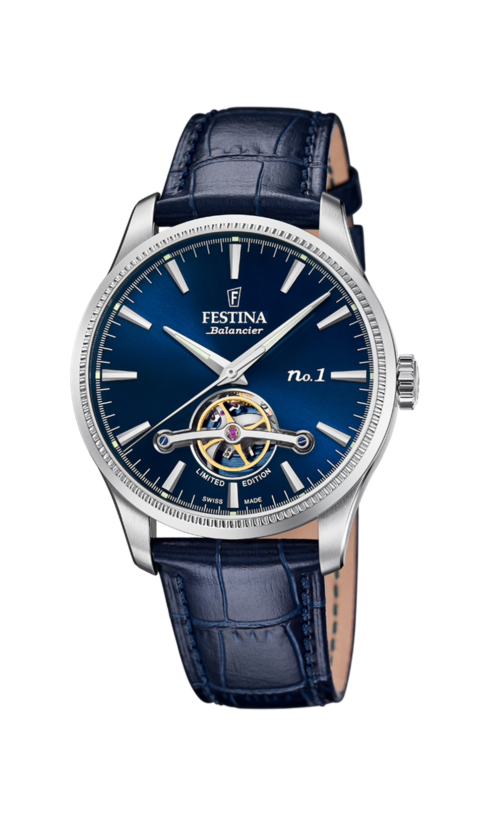 Festina Herrenautomatikuhr Limited Edition 120 Jahre – Nr. 8 von 45, mit dunkelblauem Echtlederband in Krokoprägung, Edelstahlgehäuse, Saphirglas, Automatikwerk P092BV-003H03-FES01, 41,5 mm Durchmesser, 5 ATM wasserdicht, mit Edelstahlfaltschließe.