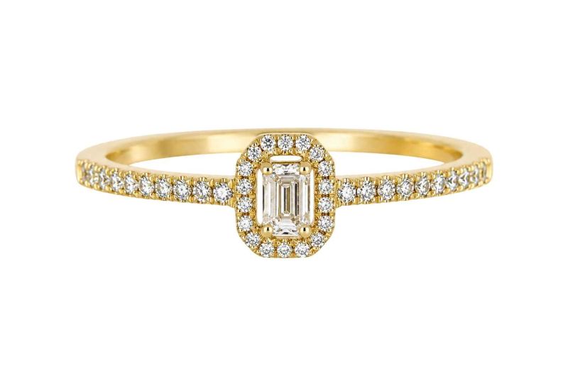 Damenring 94463-51 aus 585 Gelbgold mit 39 Brillanten, 0,22 ct tw/vs, Mittelstein im Baguetteschliff, Ringweite 51, EAN 4066065210668