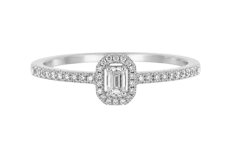 Damenring 94462-53 aus 585 Weißgold mit 39 Brillanten, 0,22 ct tw/vs, Mittelstein im Baguetteschliff, Ringweite 53, EAN 4066065205091