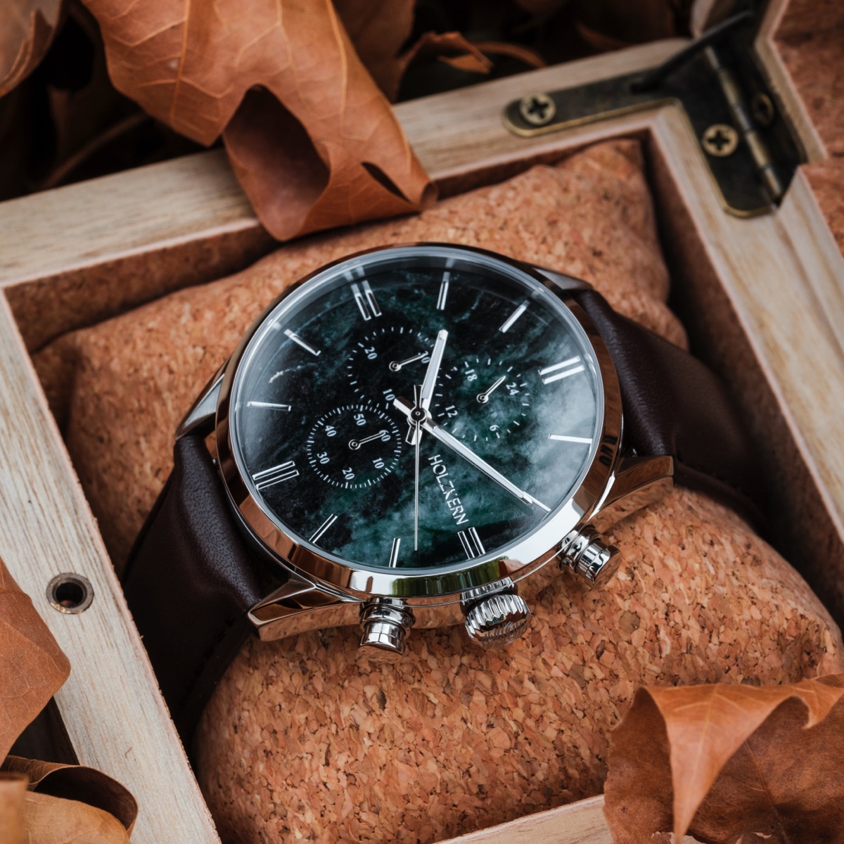 Holzkern Herrenuhr Gifted (Grüner Marmor/Dunkelbraun)