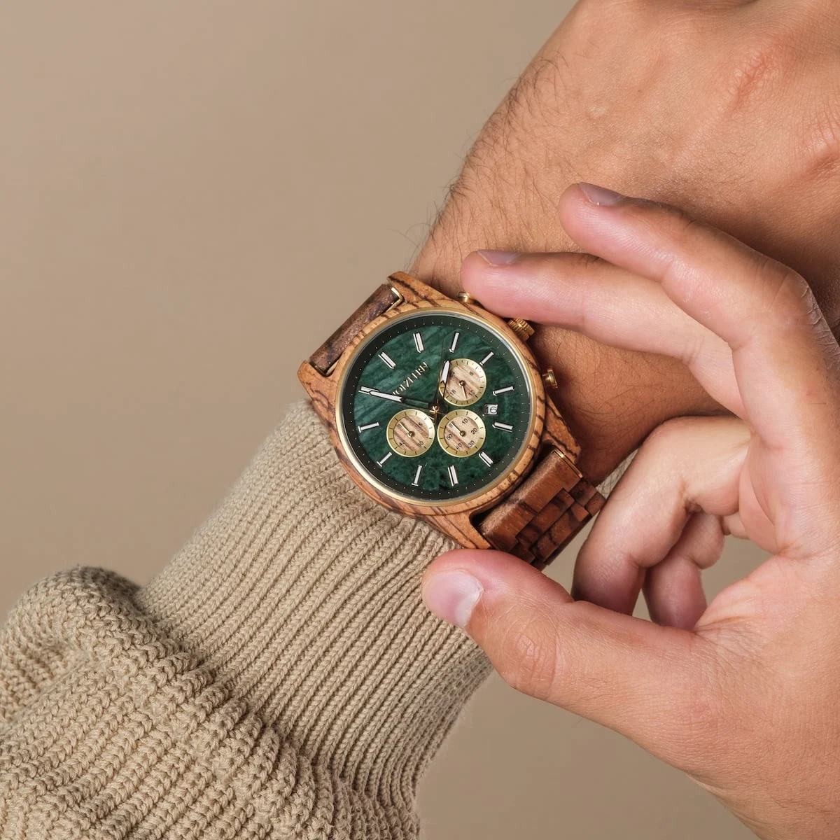 Holzkern Herrenuhr Chronograph Blätterdach Zebrano/Marmor