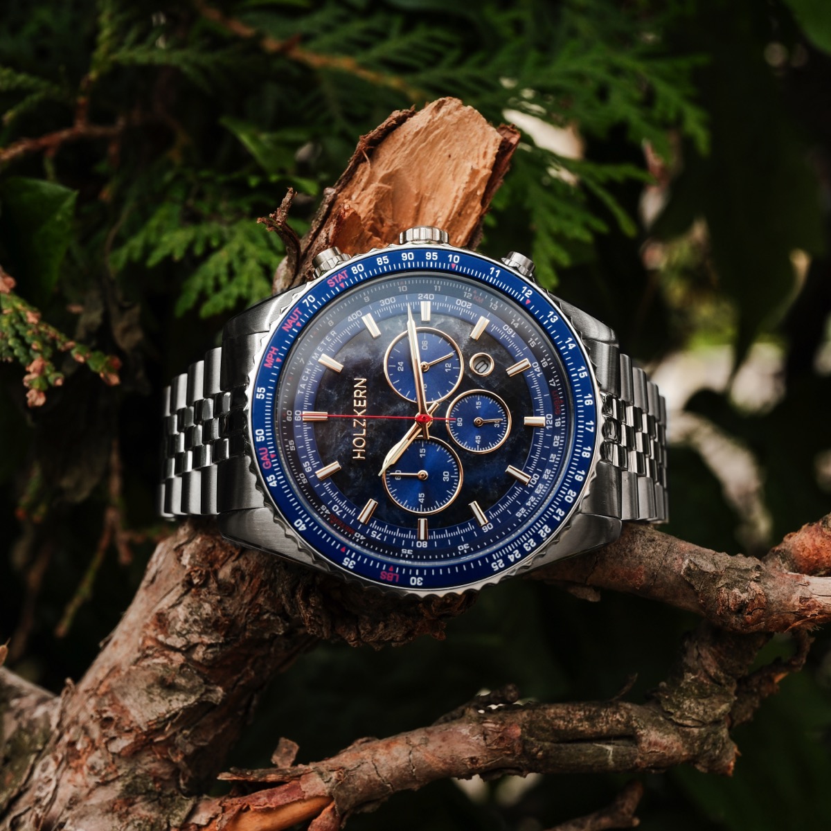 Holzkern Herrenuhr Openhorizon Blauer Marmor & Silber