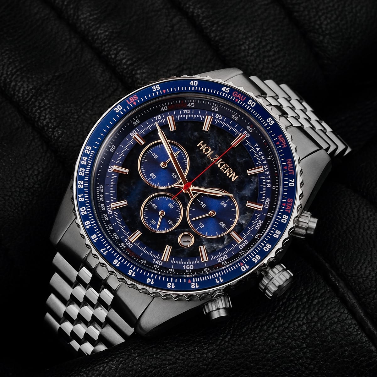 Holzkern Herrenuhr Openhorizon Blauer Marmor & Silber